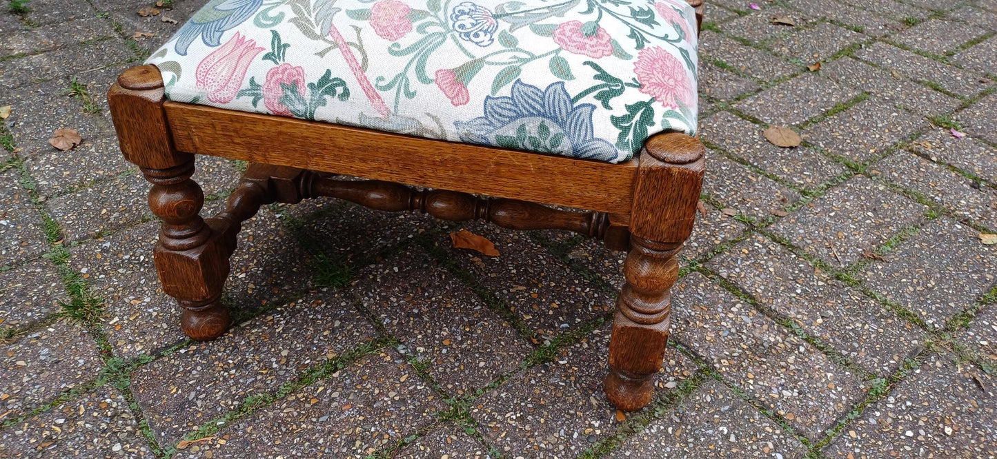 Pretty Vintage Solid Oak Upholstered Stool Floral Flower Upholstery