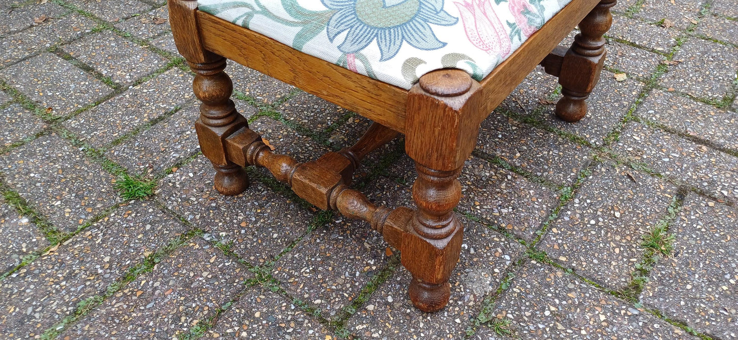 Pretty Vintage Solid Oak Upholstered Stool Floral Flower Upholstery