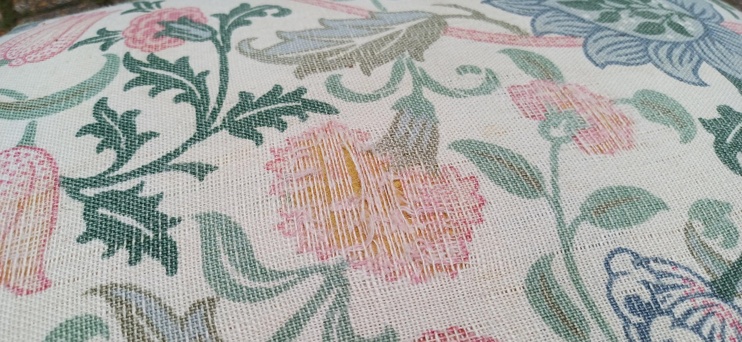 Pretty Vintage Solid Oak Upholstered Stool Floral Flower Upholstery