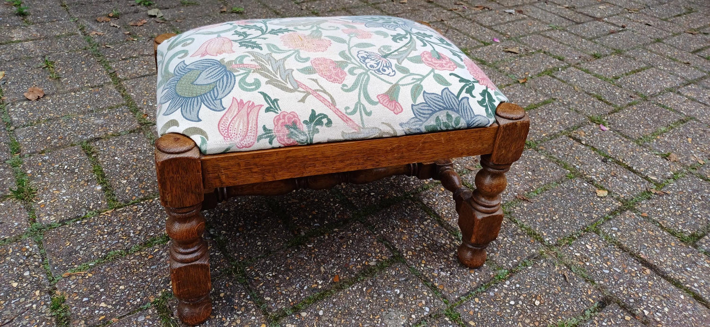Pretty Vintage Solid Oak Upholstered Stool Floral Flower Upholstery