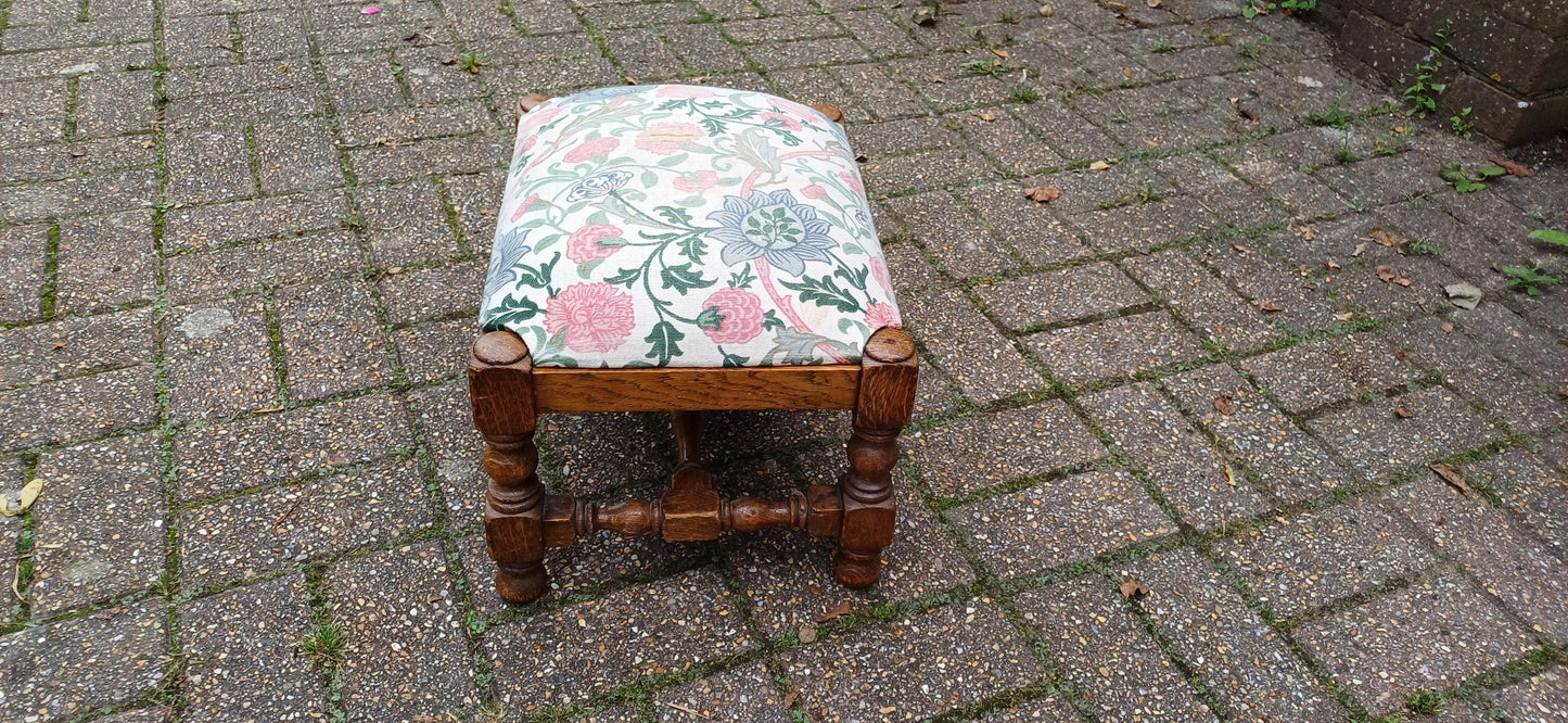 Pretty Vintage Solid Oak Upholstered Stool Floral Flower Upholstery
