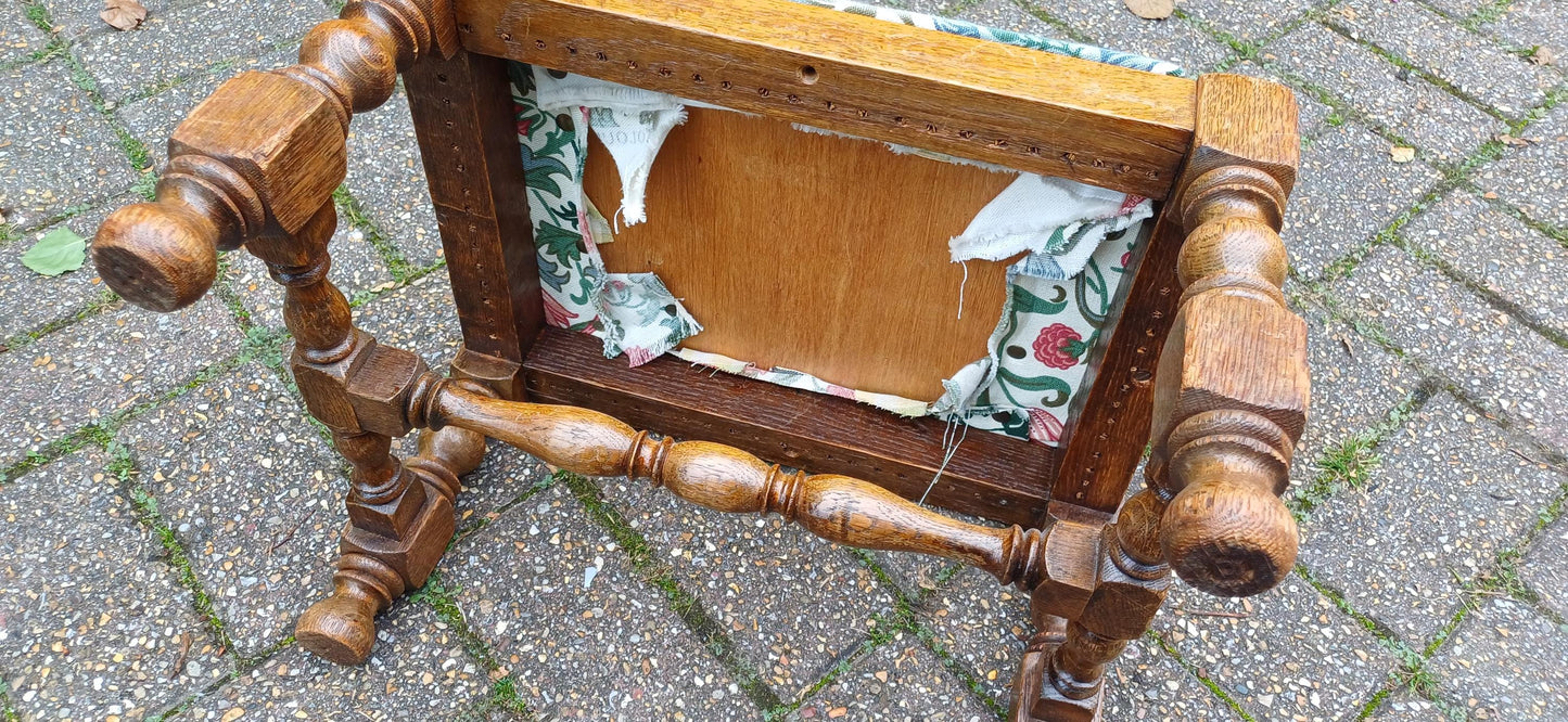 Pretty Vintage Solid Oak Upholstered Stool Floral Flower Upholstery
