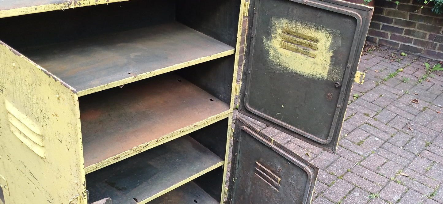 Pair of Industrial Metal Painted Storage Cupboards Project Freestanding or Wall Hanging.