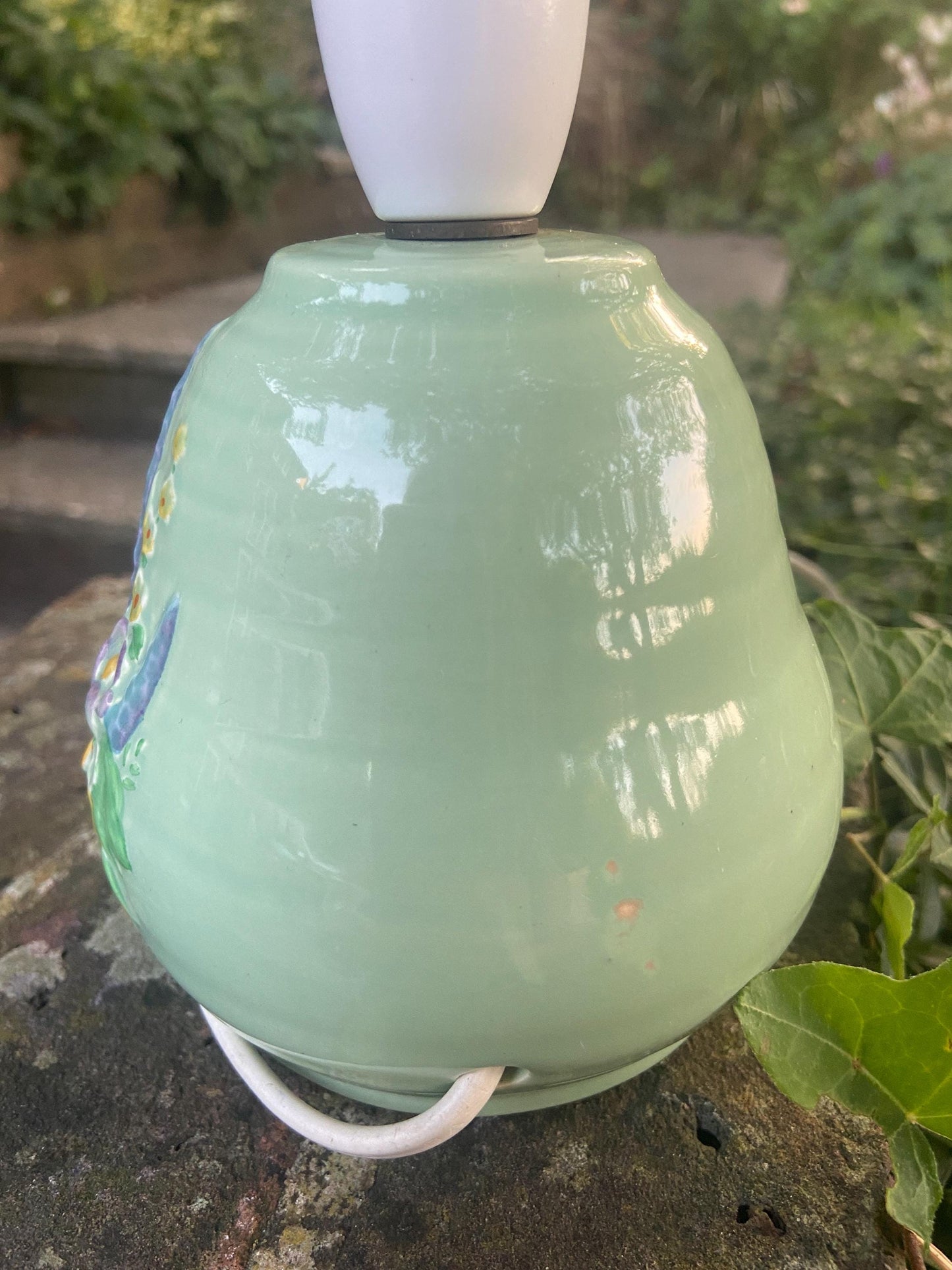 Vintage Crown Devon Mid century Handpainted green ceramic, green lamp with hand painted vintage ceramic table lamp with pretty floral detail