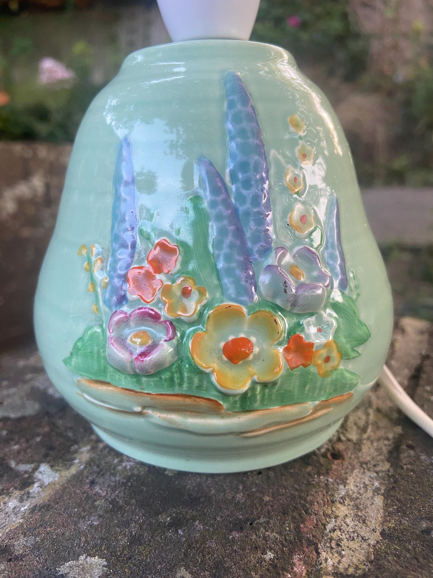 Vintage Crown Devon Mid century Handpainted green ceramic, green lamp with hand painted vintage ceramic table lamp with pretty floral detail