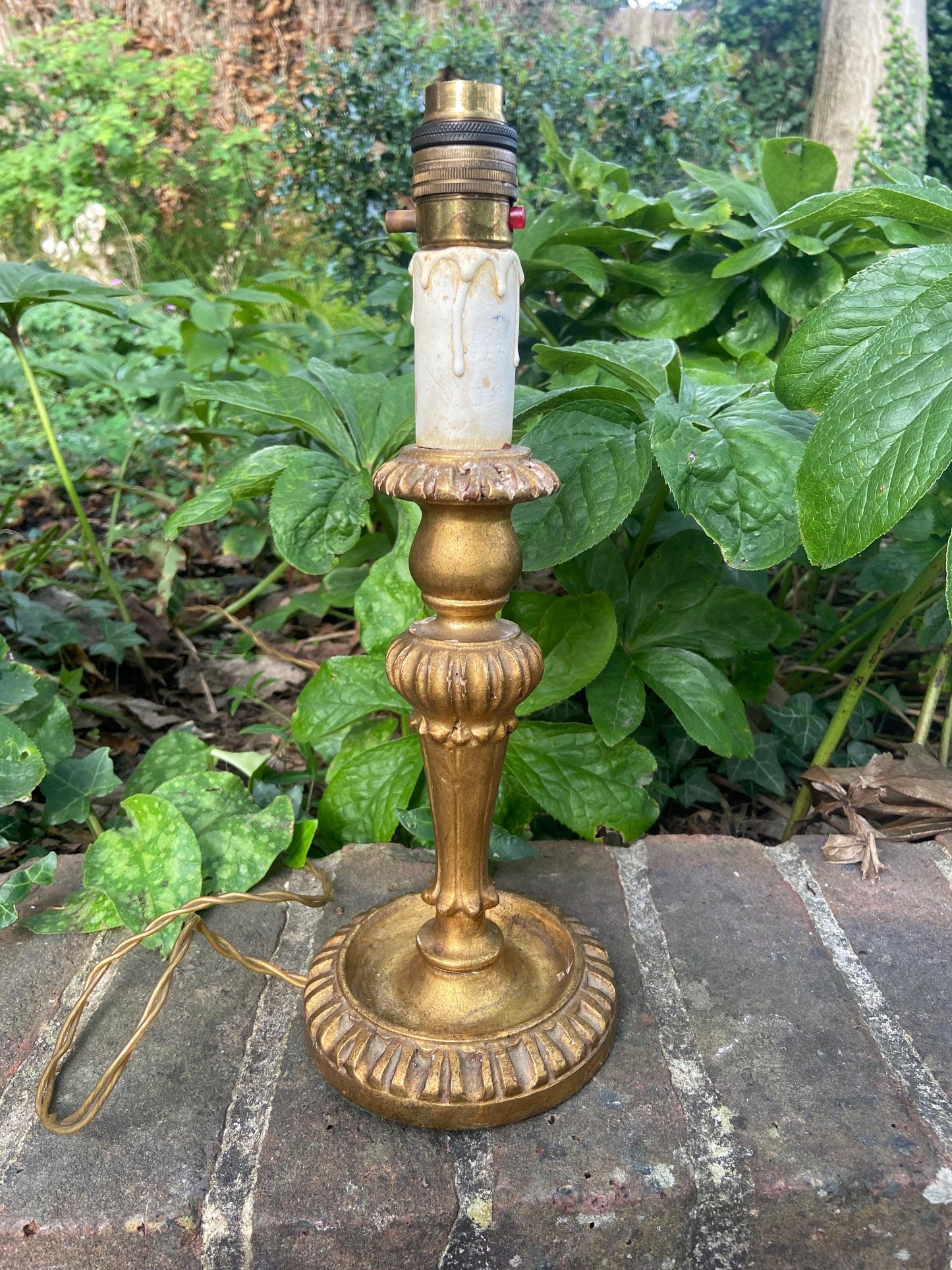 Mid century candlestick gilt gold painted wooden vintage table lamp - working