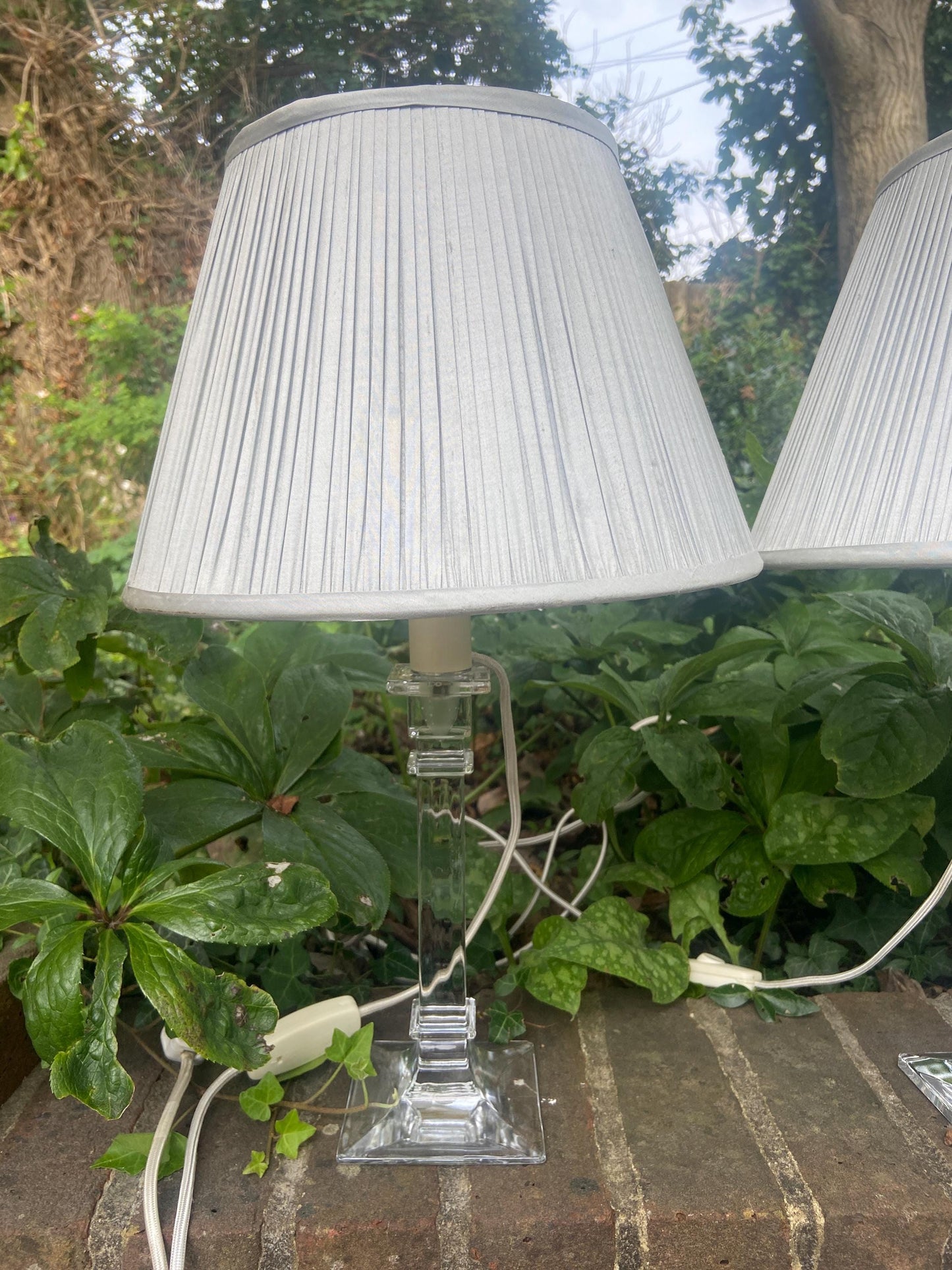 Vintage pair of glass column lamps with Laura Ashley grey shades, working table lamps