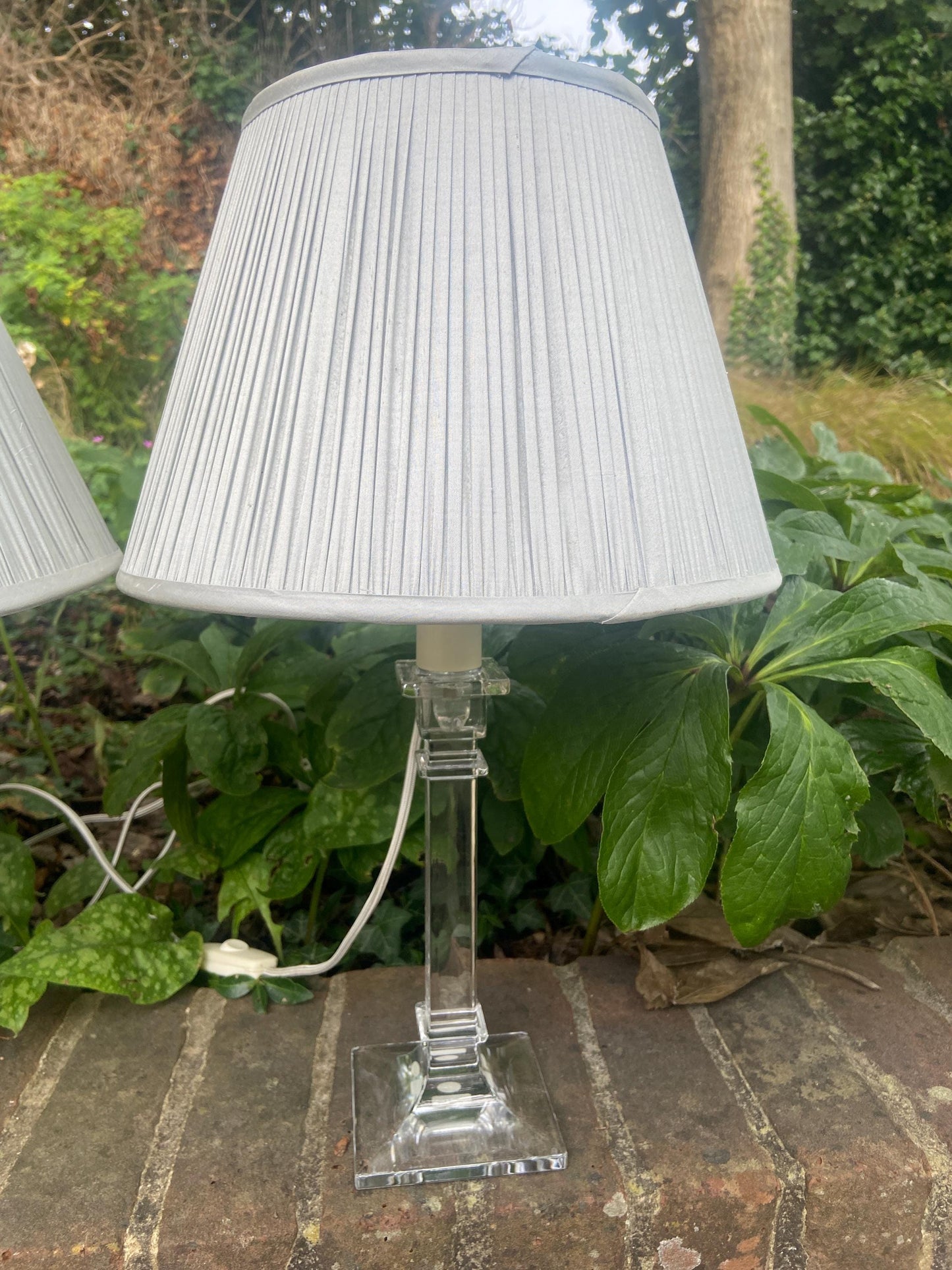 Vintage pair of glass column lamps with Laura Ashley grey shades, working table lamps