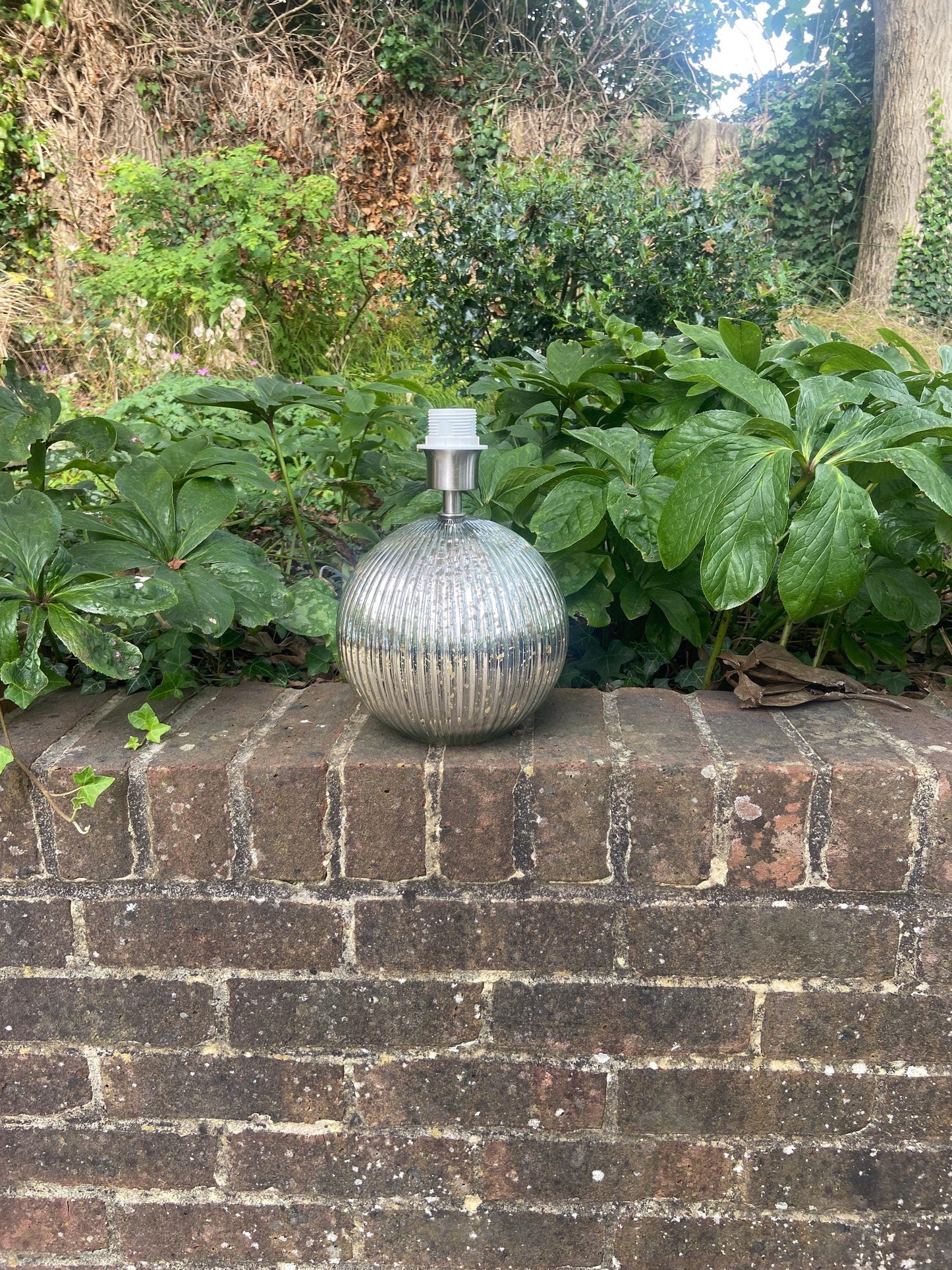 mirrored textured round glass ball vintage tablelamp; silver ball lamp; funky lamp; working