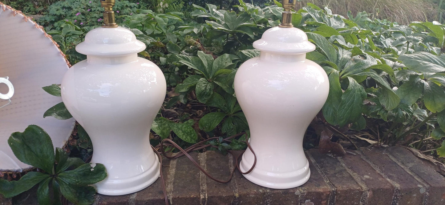 Large Pair of White Ceramic Lamps with Wonderful…Lampshades. Need Rewiring.