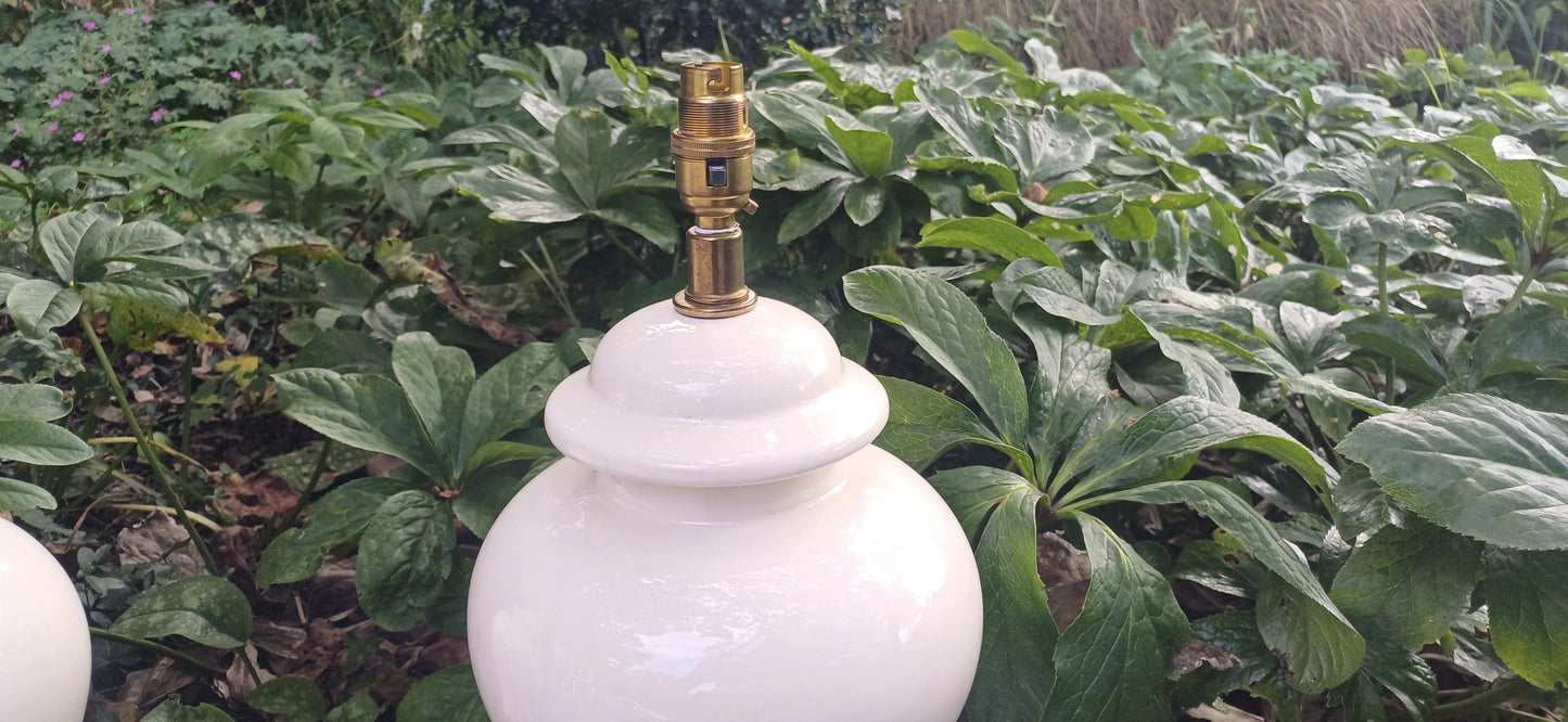 Large Pair of White Ceramic Lamps with Wonderful…Lampshades. Need Rewiring.
