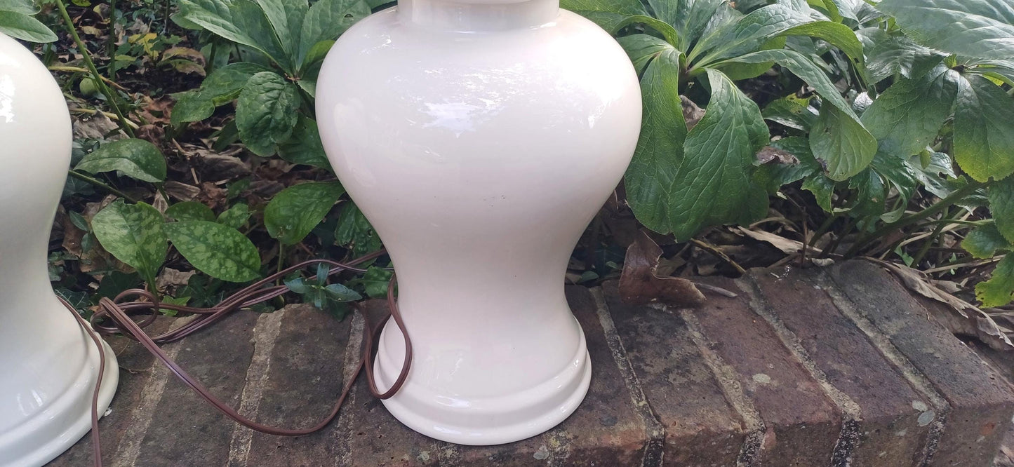 Large Pair of White Ceramic Lamps with Wonderful…Lampshades. Need Rewiring.
