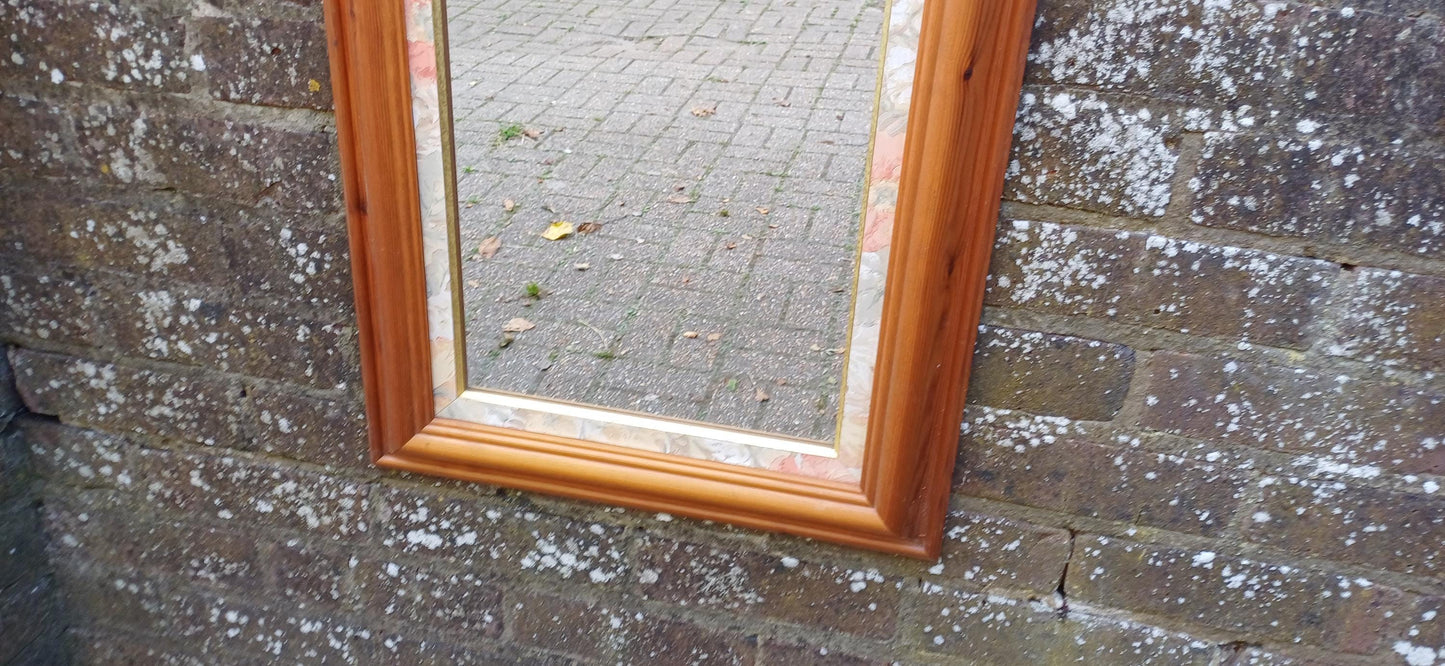 Large Classic Vintage 80s Pine Wall Mirror with Floral Flower Inset 77 x 46 cm