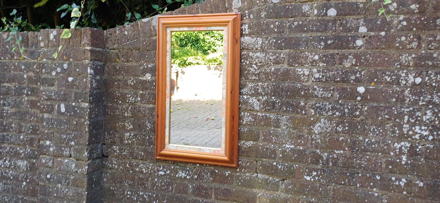 Large Classic Vintage 80s Pine Wall Mirror with Floral Flower Inset 77 x 46 cm