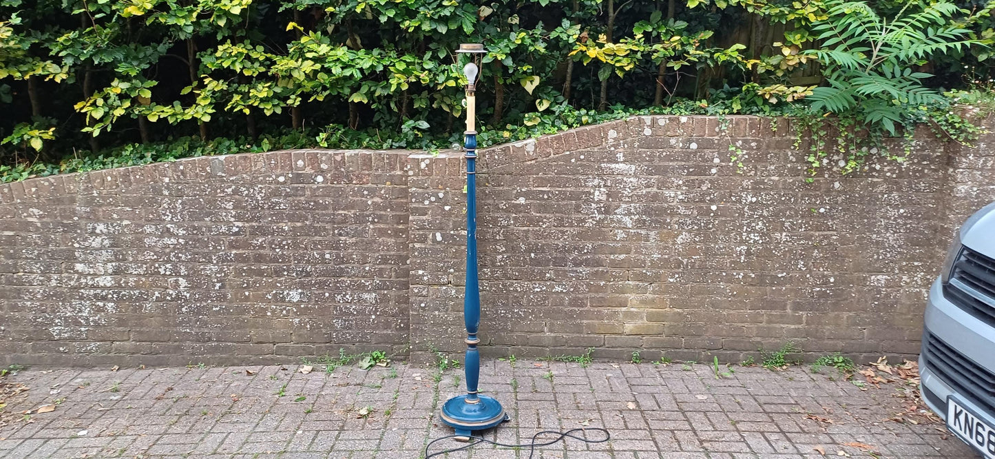 Superb 1920s Vintage Painted Blue and Gold Turned Wooden Standard Lamp