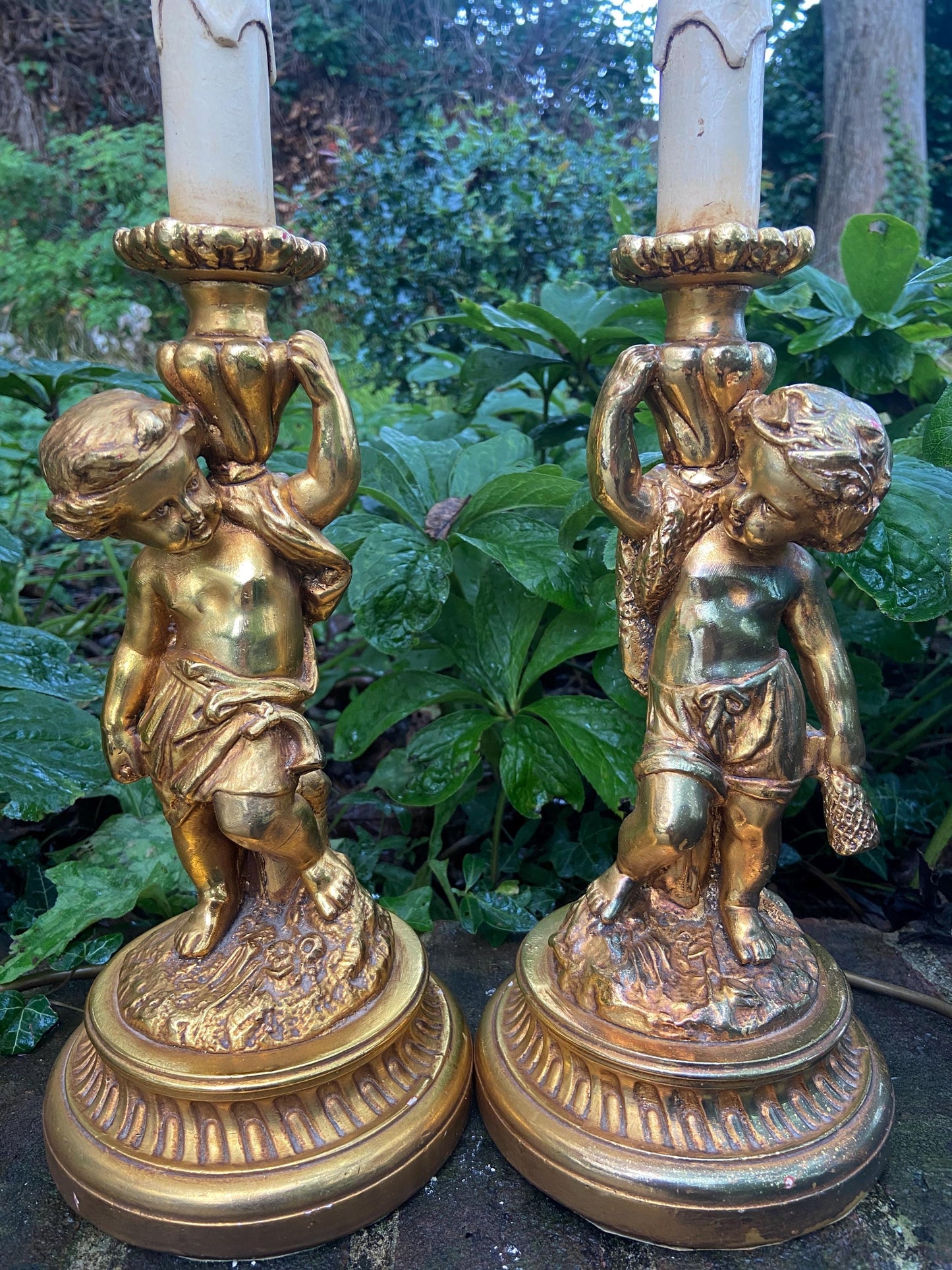 Original Vintage Pair 1970s plaster gold cherubs (different moulds) vintage table lamps - working table lamps