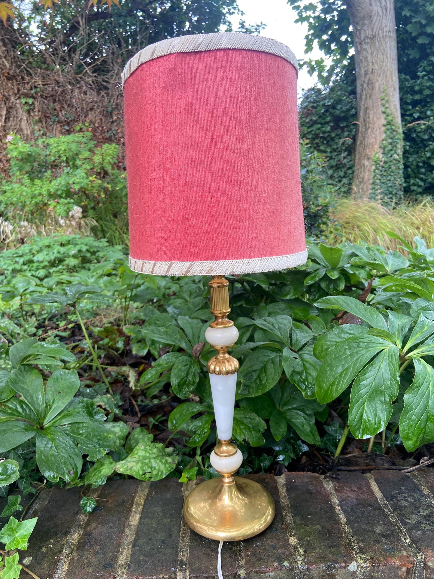Retro tall white onyx lamp with brass detail and an original oval retro shade