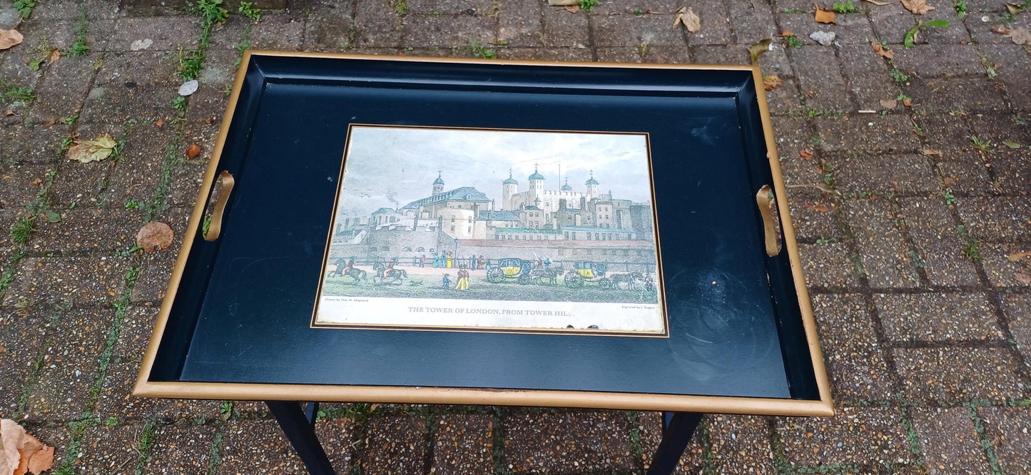 Useful Vintage 60s Style Folding Utility Coffee Side Occasional Table The Tower of London Motif.