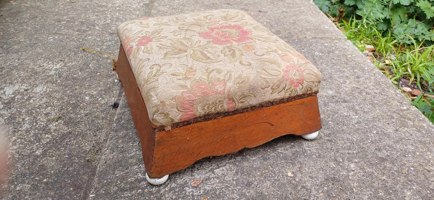 Vintage Victorian Upholstered European Footstool Stool Porcelain Feet Flower Floral Upholstry.