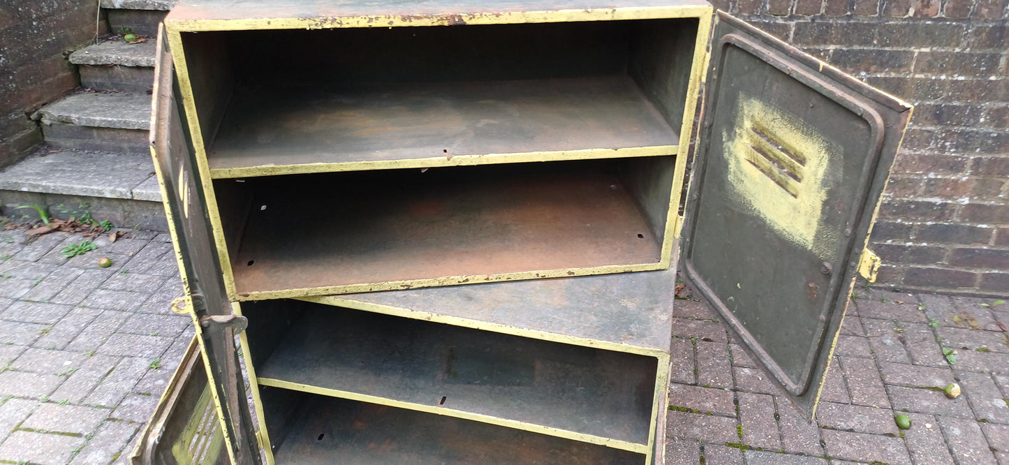 Pair of Industrial Metal Painted Storage Cupboards Project Freestanding or Wall Hanging.
