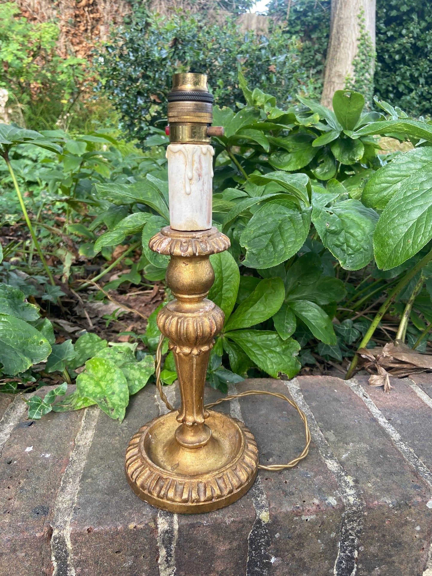 Mid century candlestick gilt gold painted wooden vintage table lamp - working