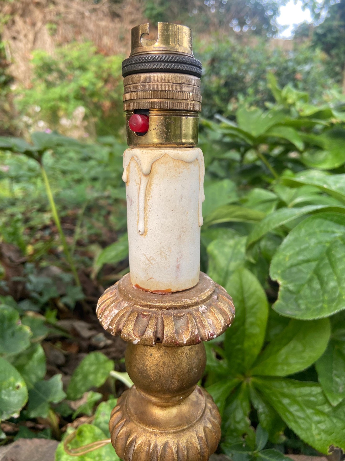 Mid century candlestick gilt gold painted wooden vintage table lamp - working