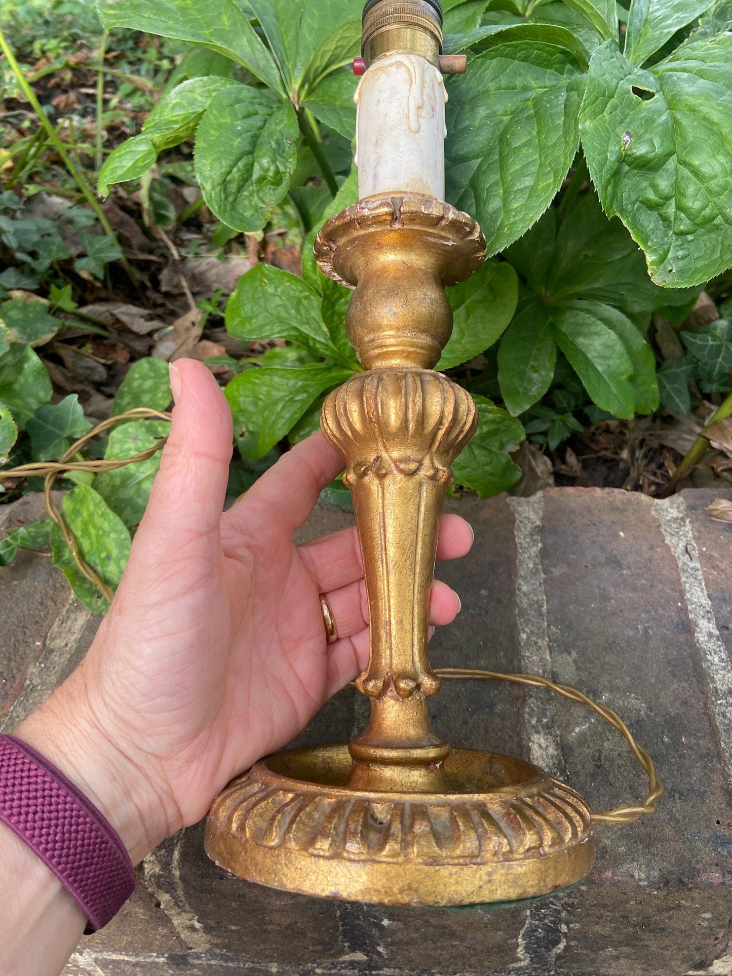 Mid century candlestick gilt gold painted wooden vintage table lamp - working