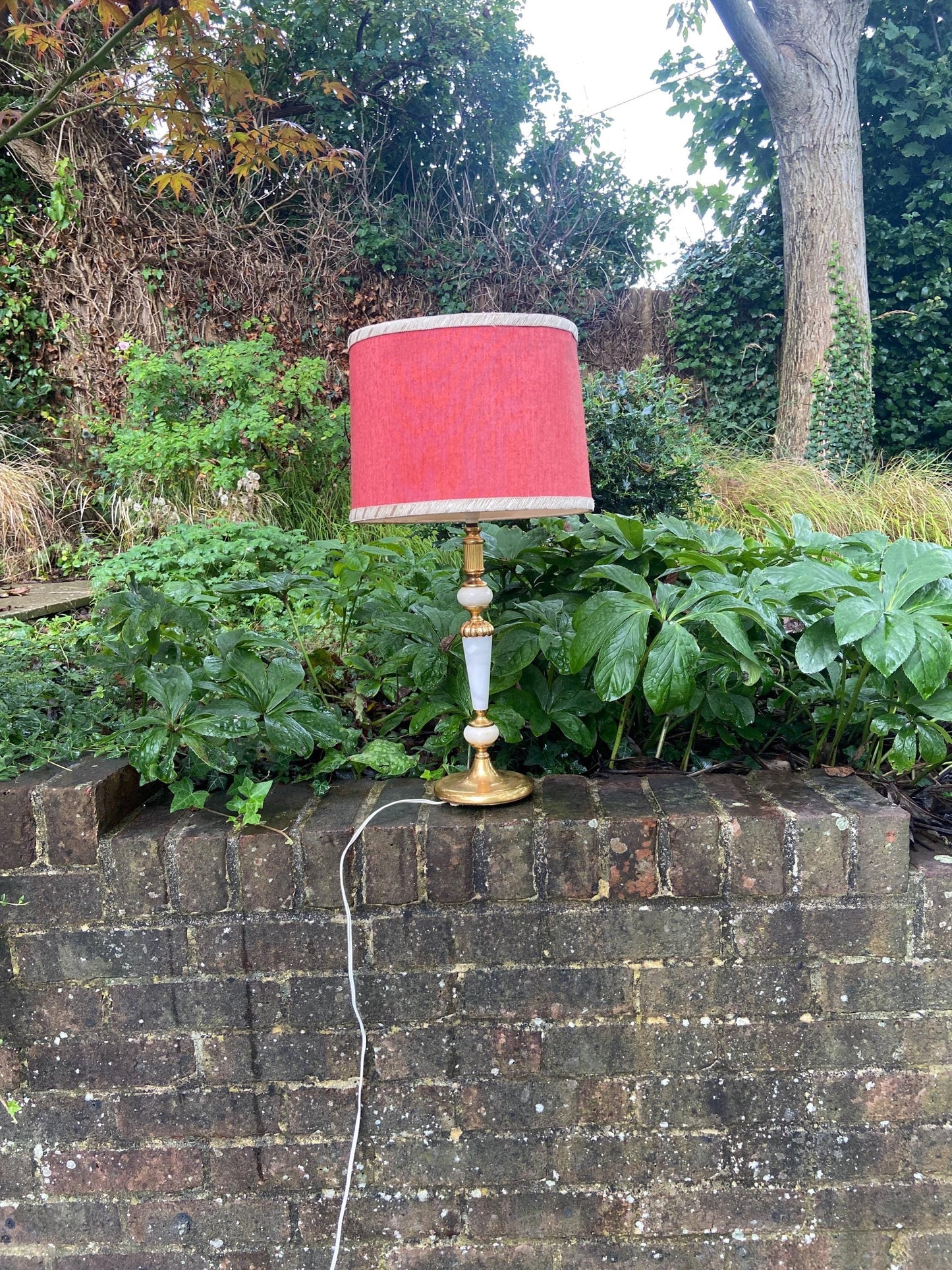 original retro onyx and brass tall table lamp with matching original pink red retro lampshade