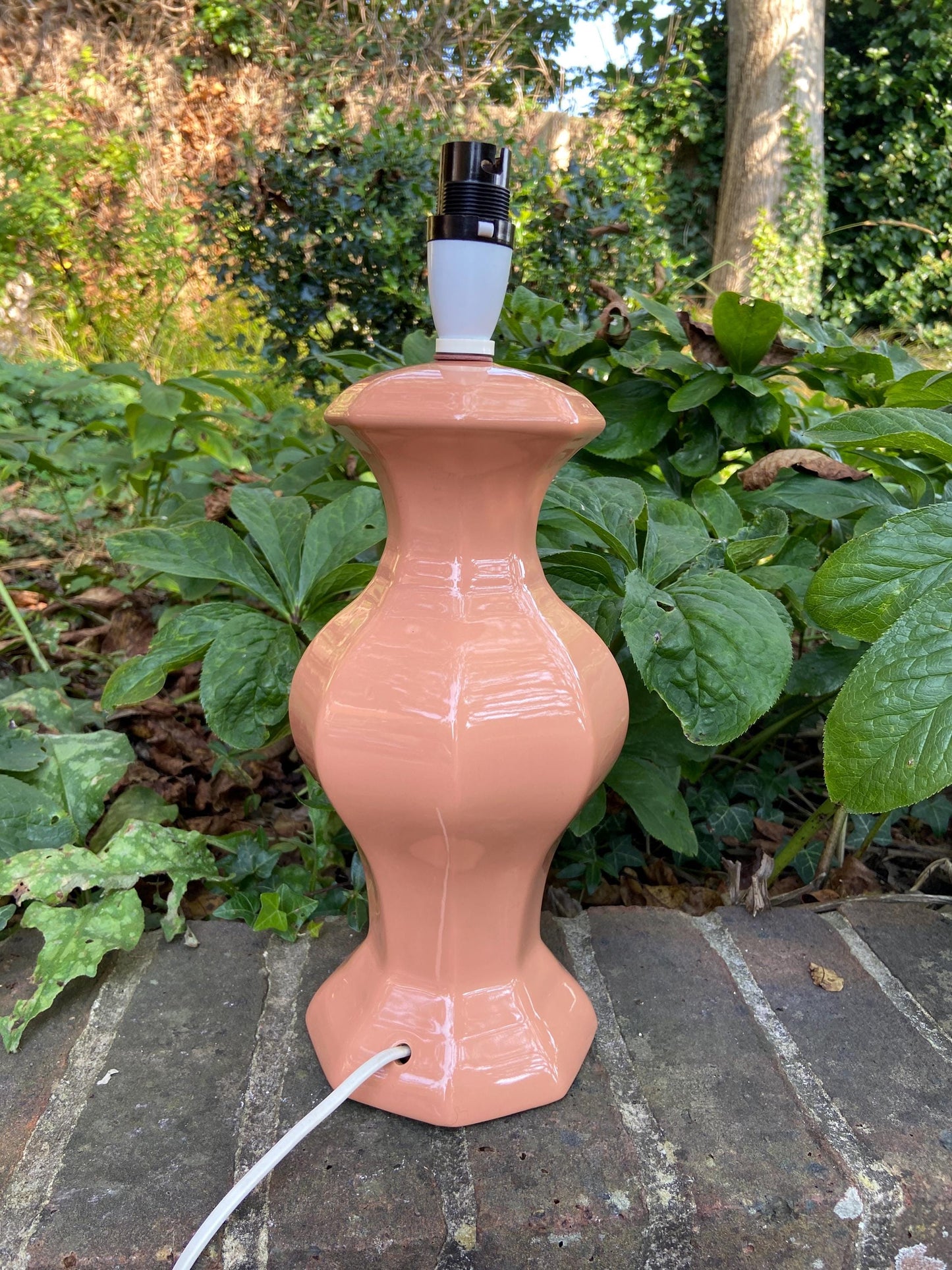 Large vintage orange apricot peach terracotta ceramic table lamp - working