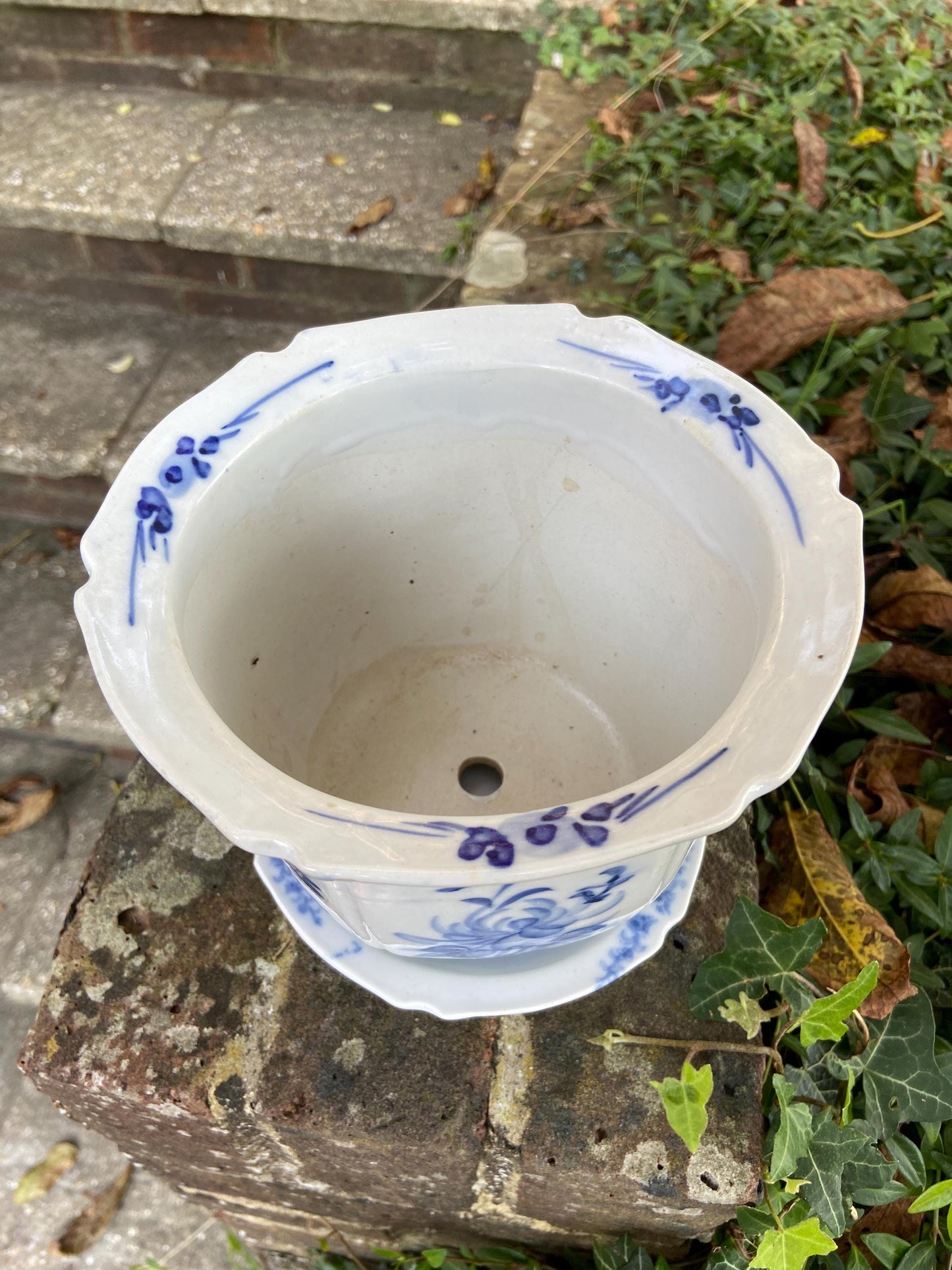 Vintage blue white china planter, hand painted plant pot