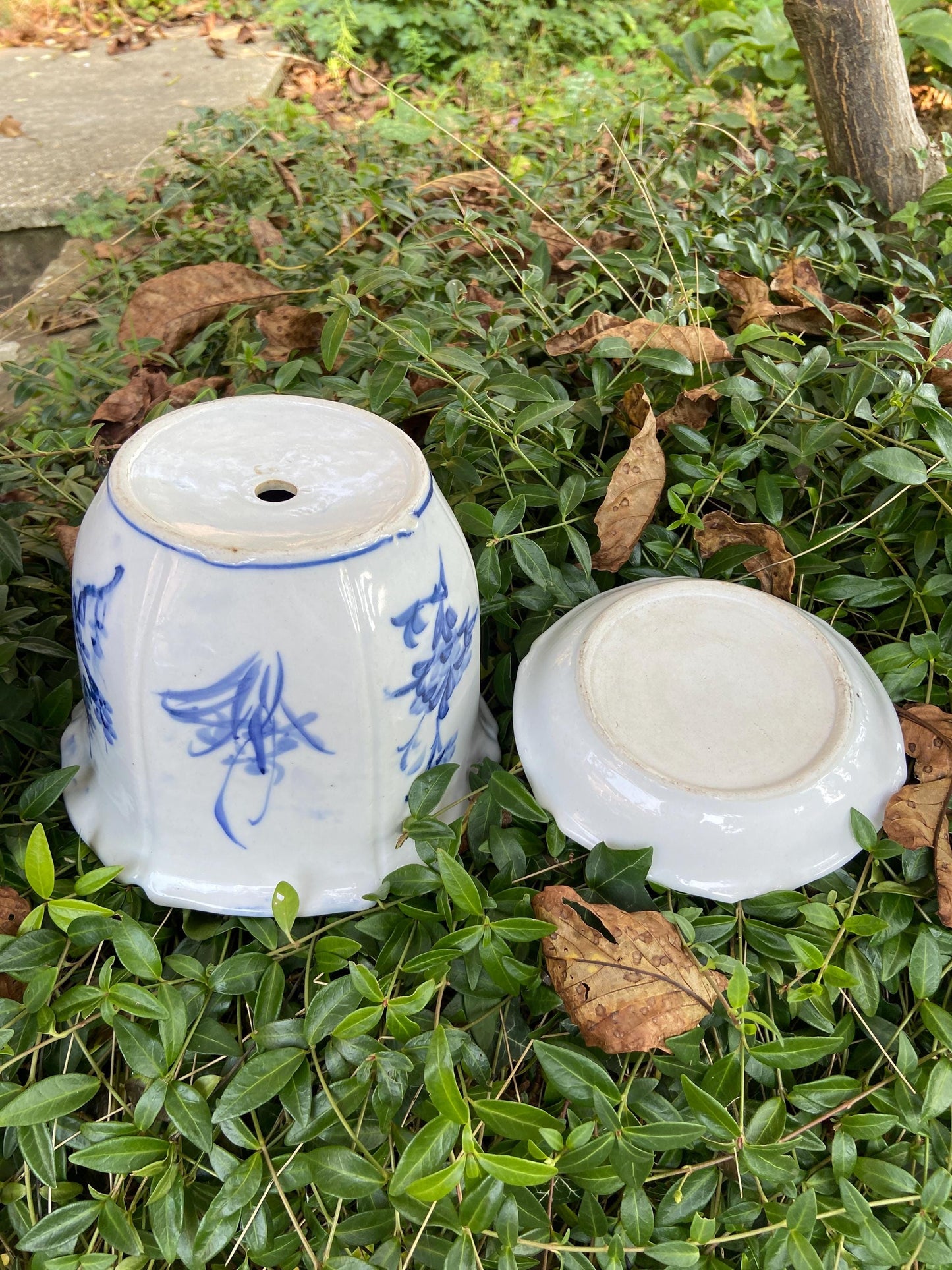 Vintage blue white china planter, hand painted plant pot