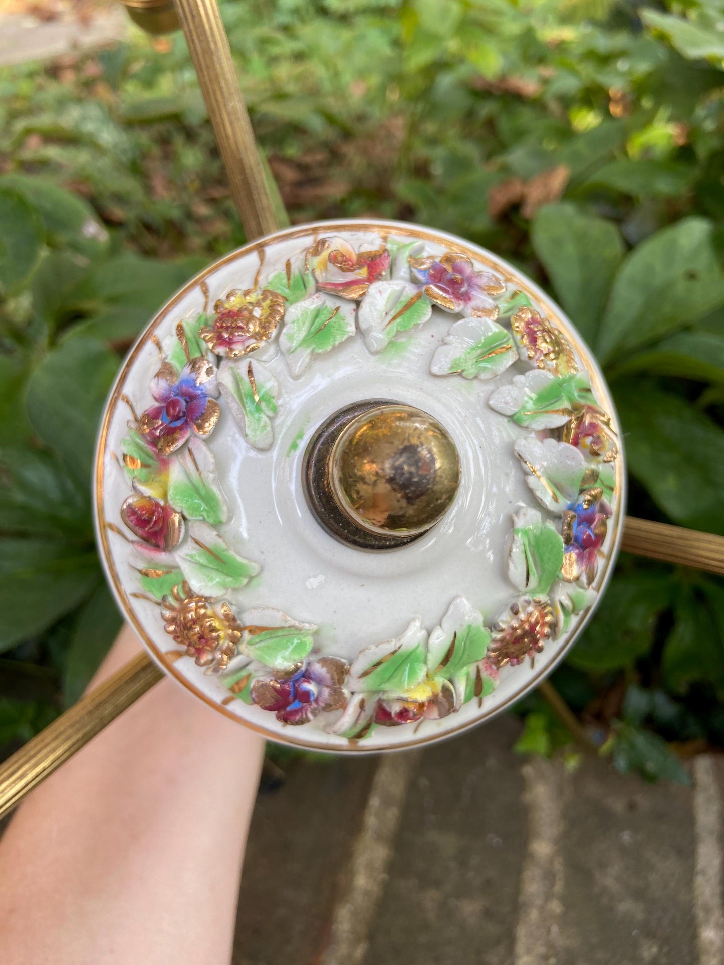 Mid 20th century pretty porcelain floral and brass three armed ceiling light - ready to wire
