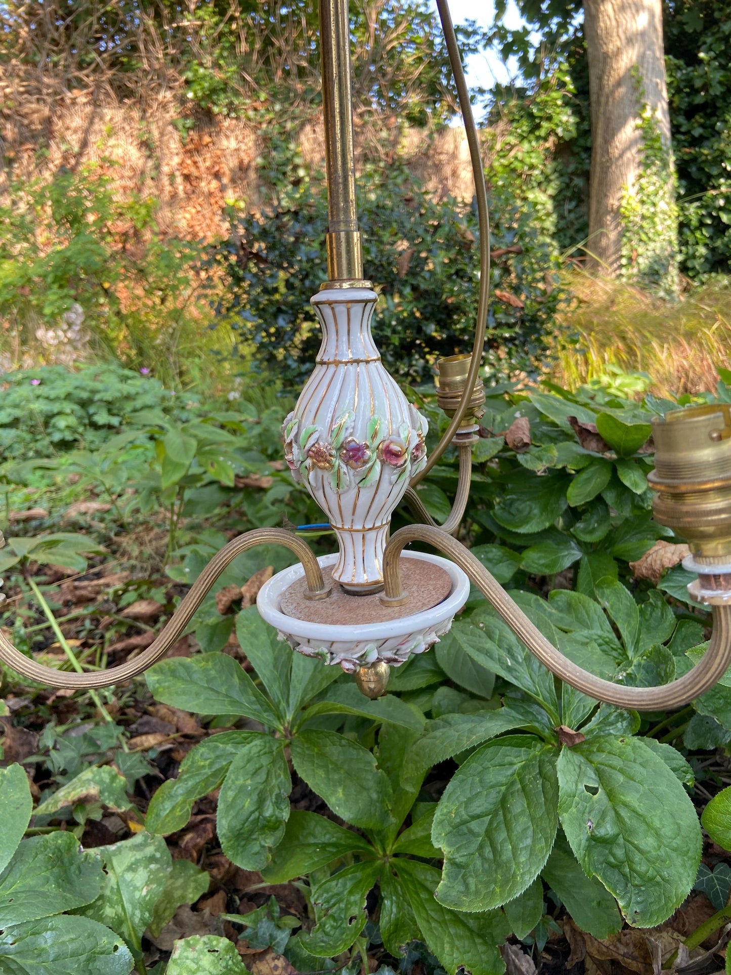 Mid 20th century pretty porcelain floral and brass three armed ceiling light - ready to wire