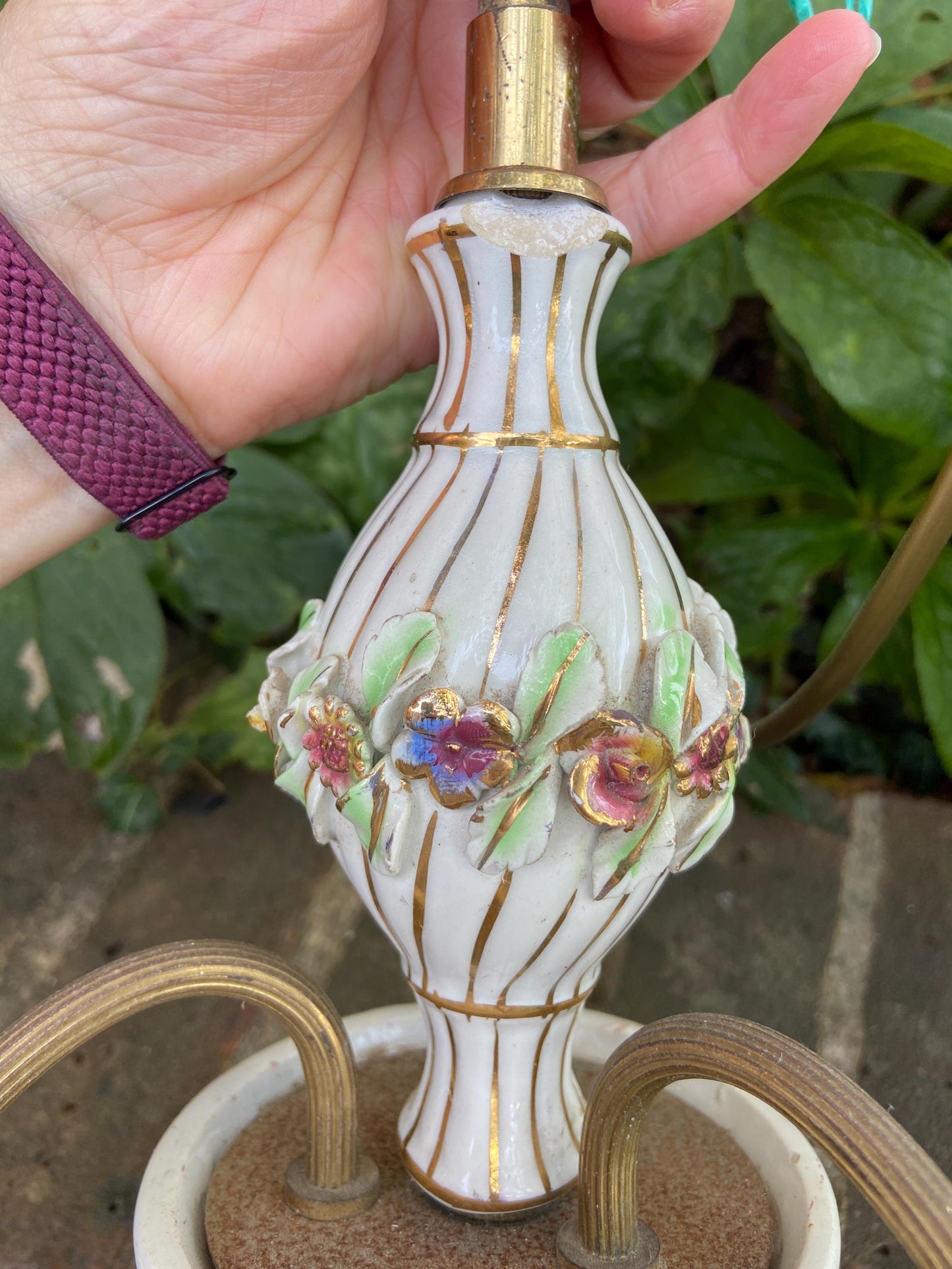 Mid 20th century pretty porcelain floral and brass three armed ceiling light - ready to wire
