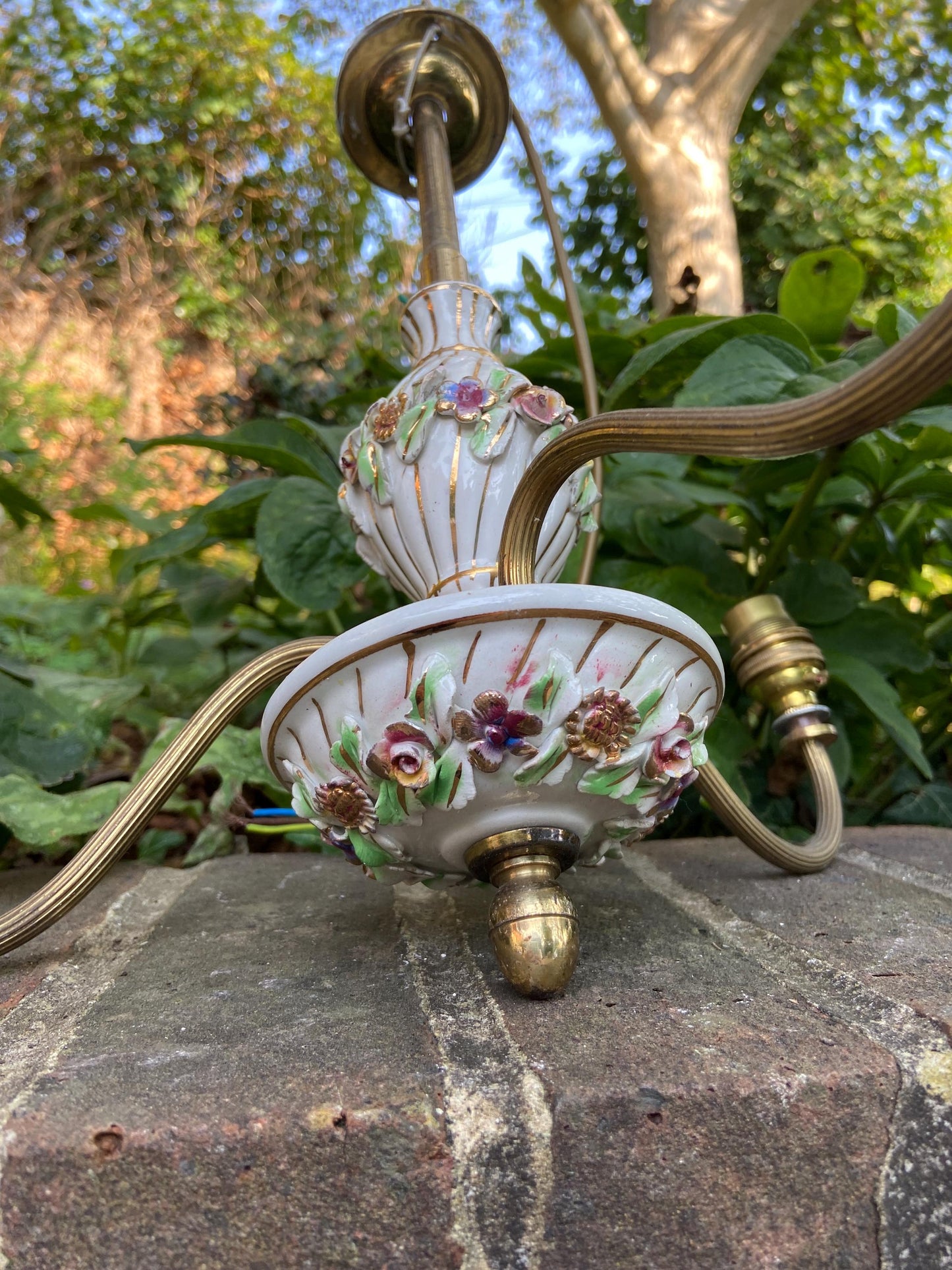 Mid 20th century pretty porcelain floral and brass three armed ceiling light - ready to wire