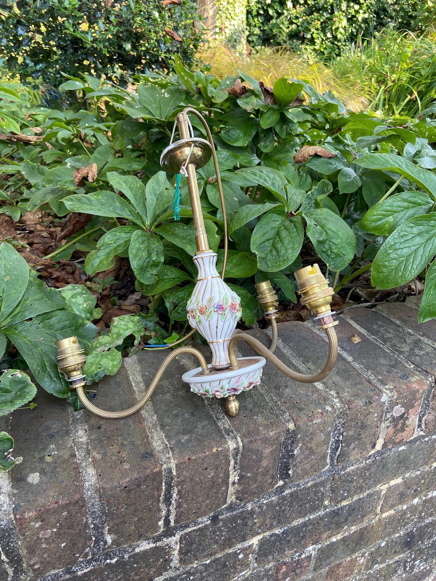 Mid 20th century pretty porcelain floral and brass three armed ceiling light - ready to wire