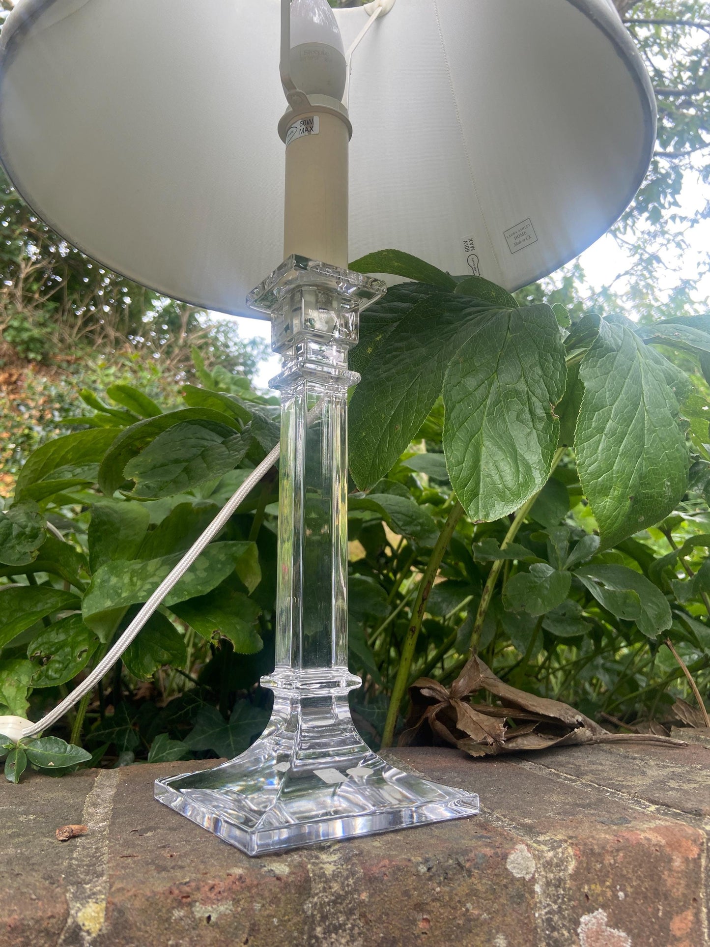 Vintage pair of glass column lamps with Laura Ashley grey shades, working table lamps