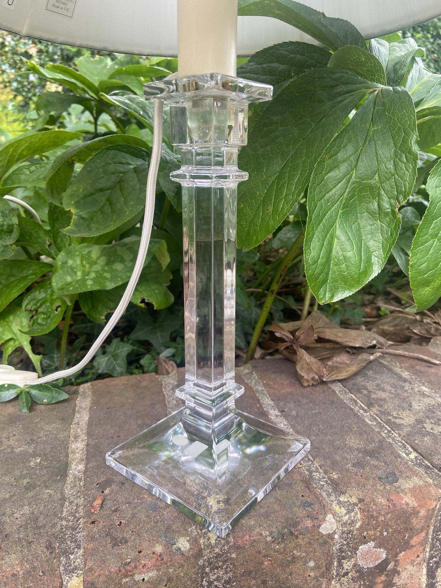 Vintage pair of glass column lamps with Laura Ashley grey shades, working table lamps