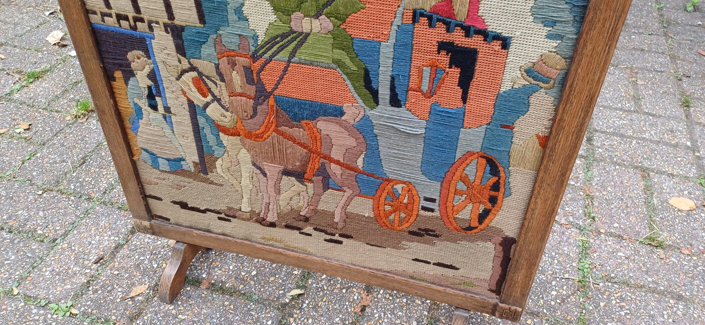 Vintage 1920s Stripped Oak Fire Screen Guard Stage Coach Charles Dickens Red Lion Pub
