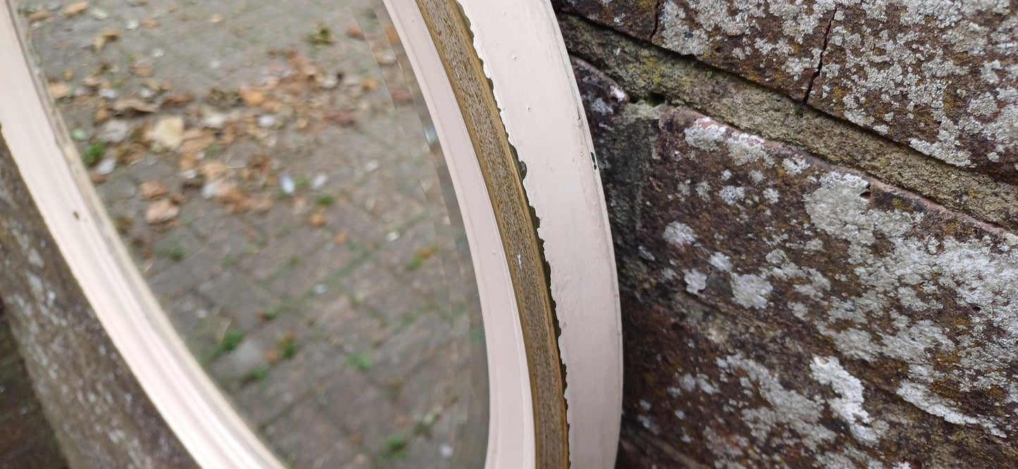 Totally Finish to This Unusual Metal Silver Chrome Brass and Painted Oval Decorative Wall Mirror with Bevelled Glass