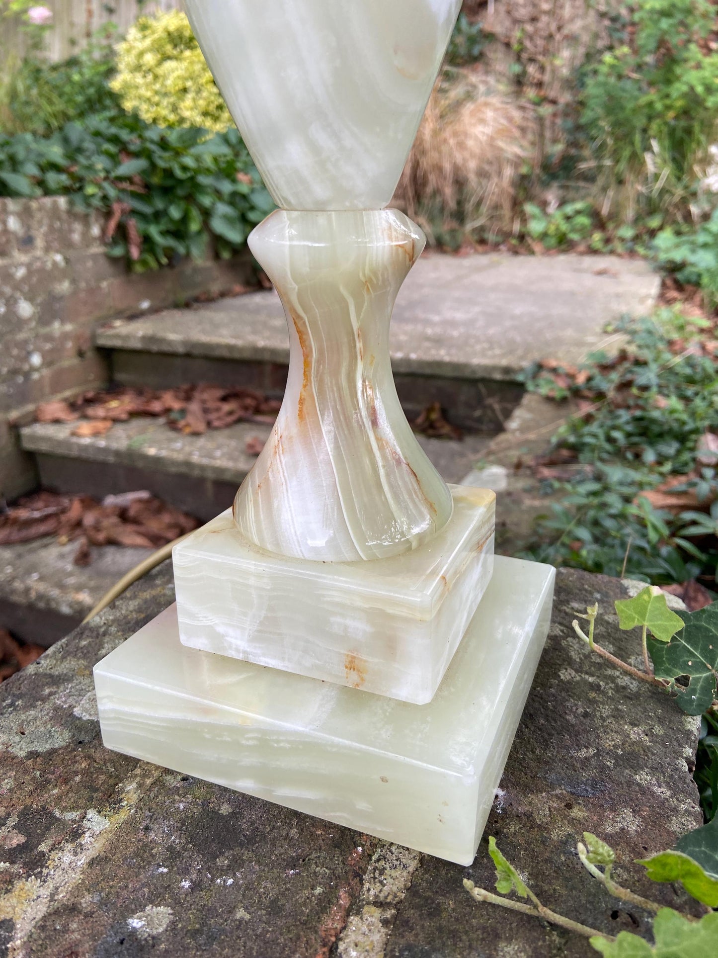 Tall vintage green onyx lamp on square tiered base - lovely green, brown, beige colouring - working