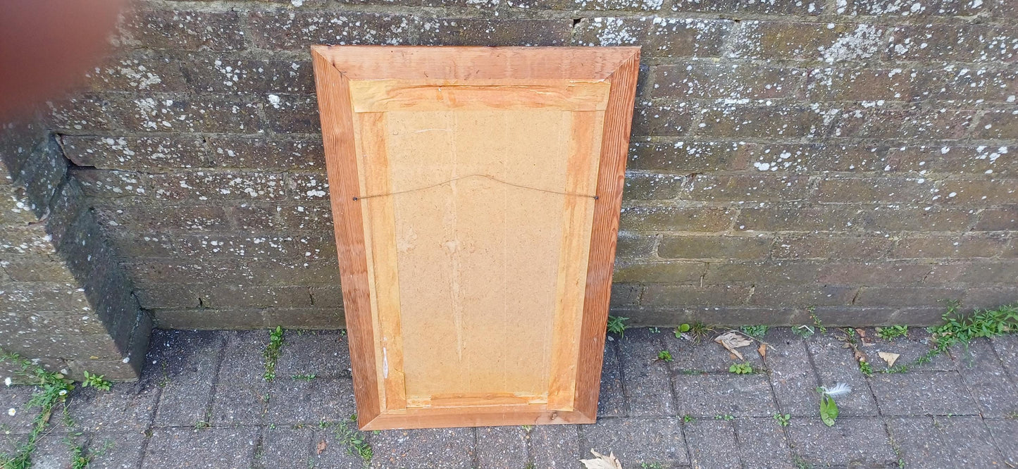 Large Classic Vintage 80s Pine Wall Mirror with Floral Flower Inset 77 x 46 cm