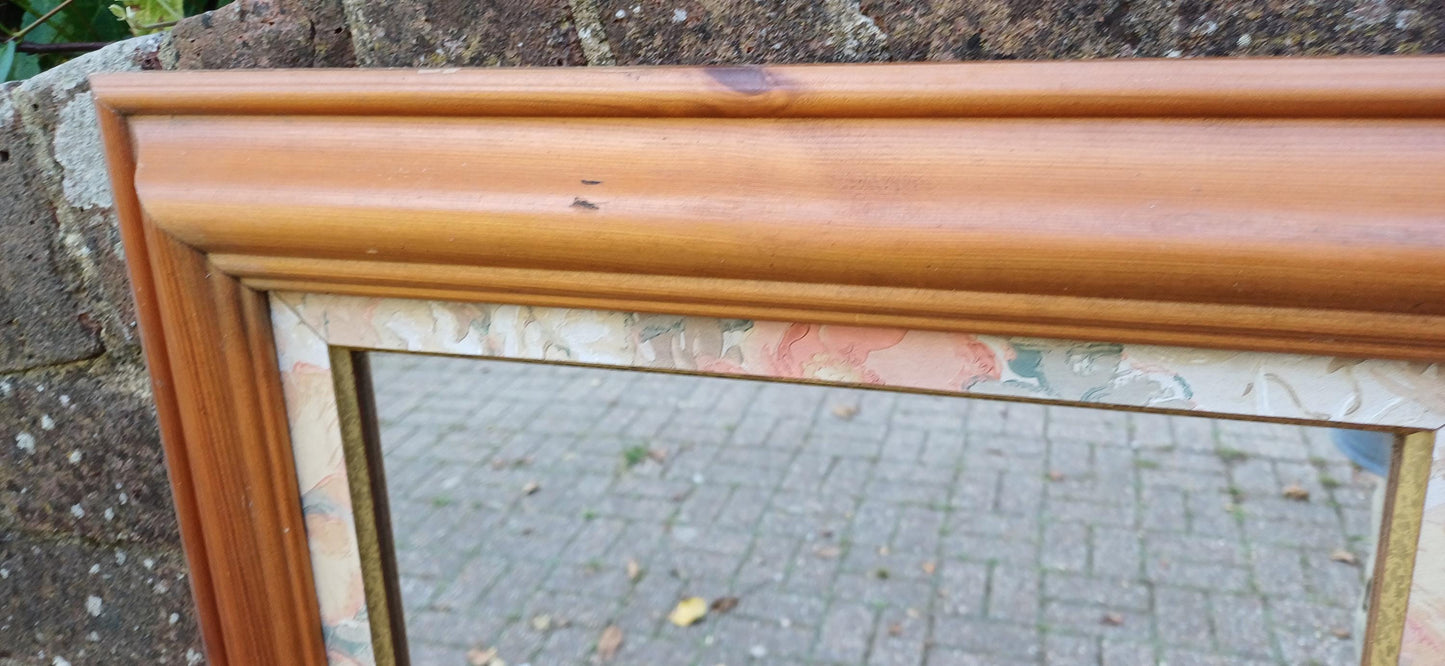 Large Classic Vintage 80s Pine Wall Mirror with Floral Flower Inset 77 x 46 cm