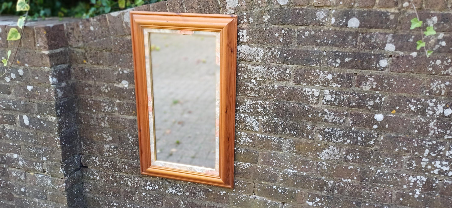 Large Classic Vintage 80s Pine Wall Mirror with Floral Flower Inset 77 x 46 cm