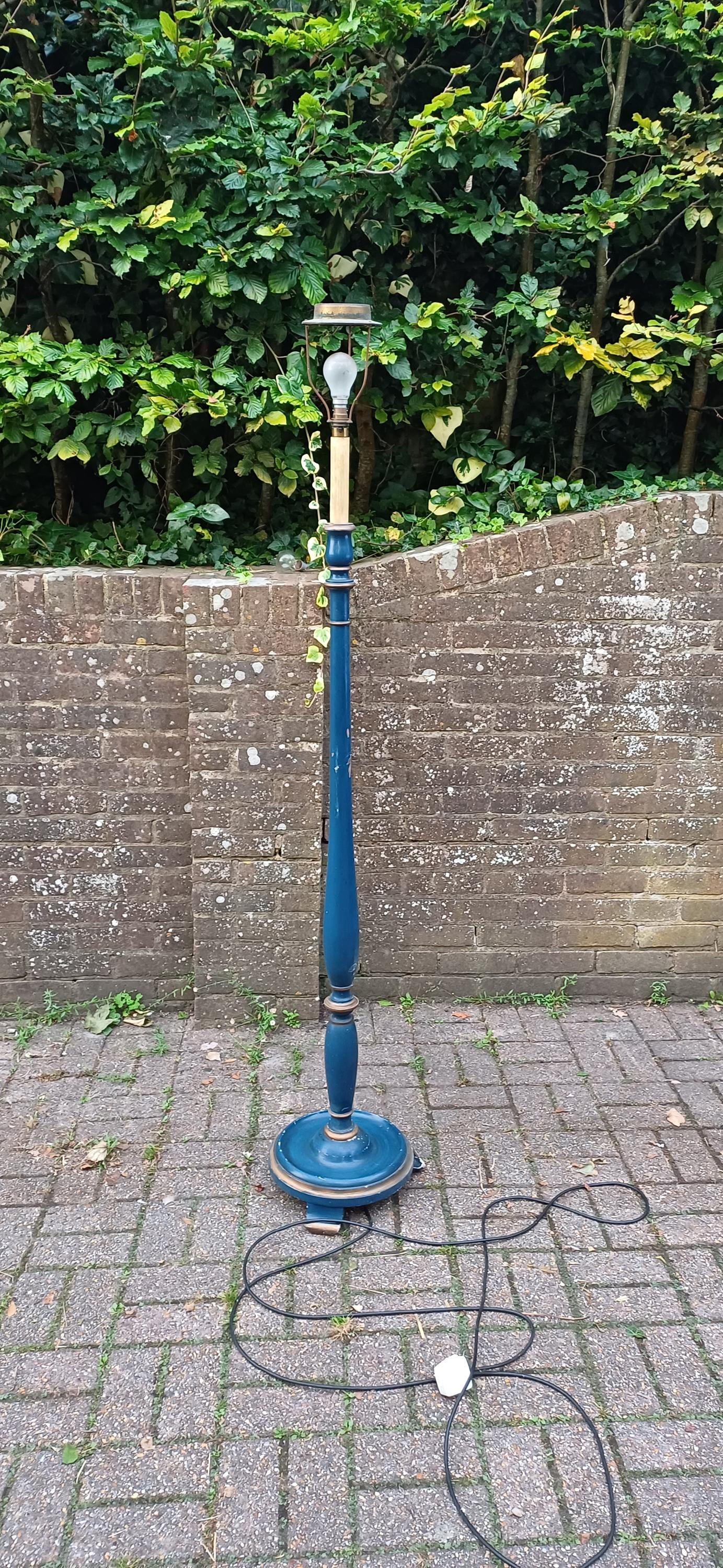 Superb 1920s Vintage Painted Blue and Gold Turned Wooden Standard Lamp