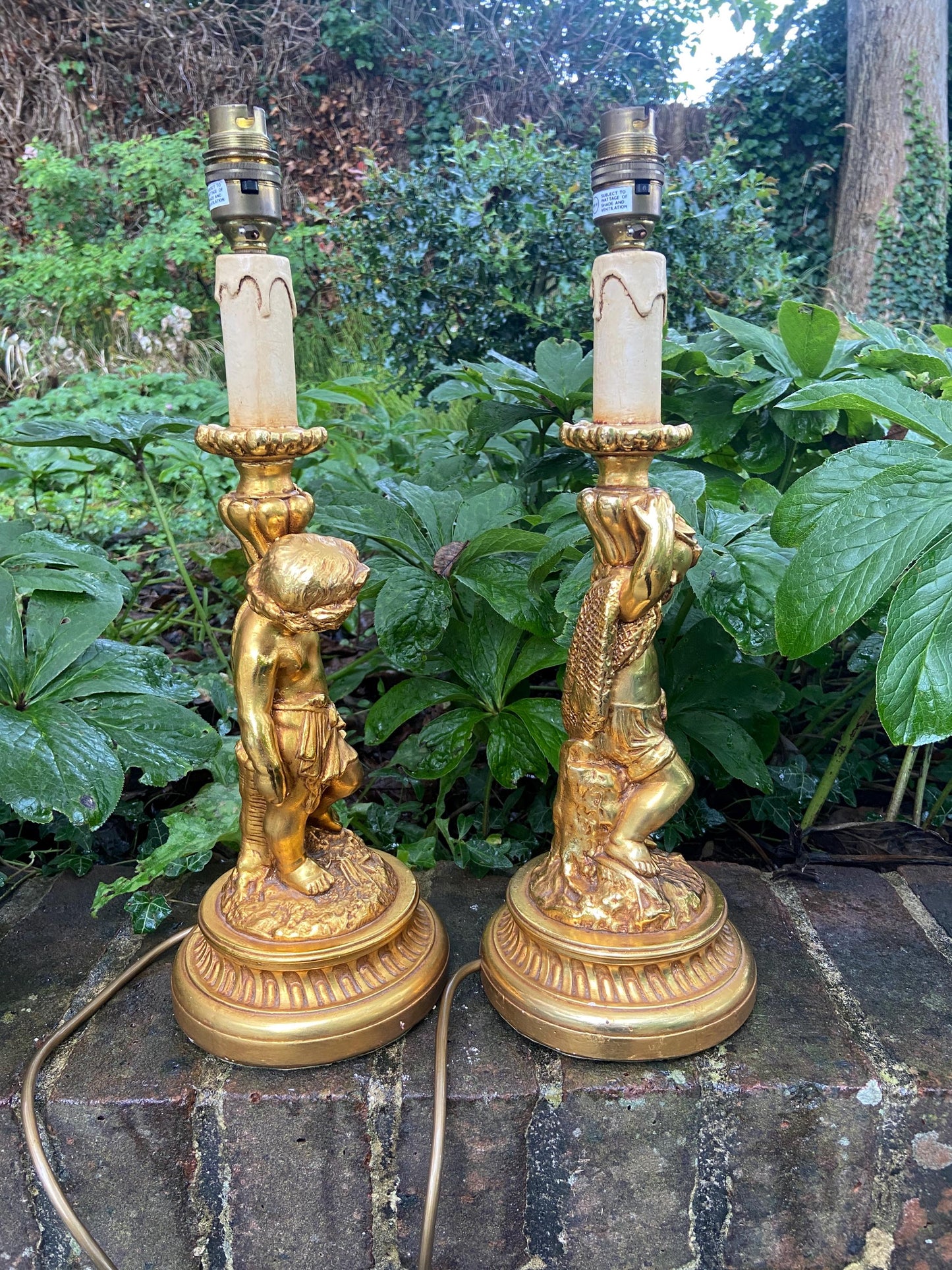 Original Vintage Pair 1970s plaster gold cherubs (different moulds) vintage table lamps - working table lamps