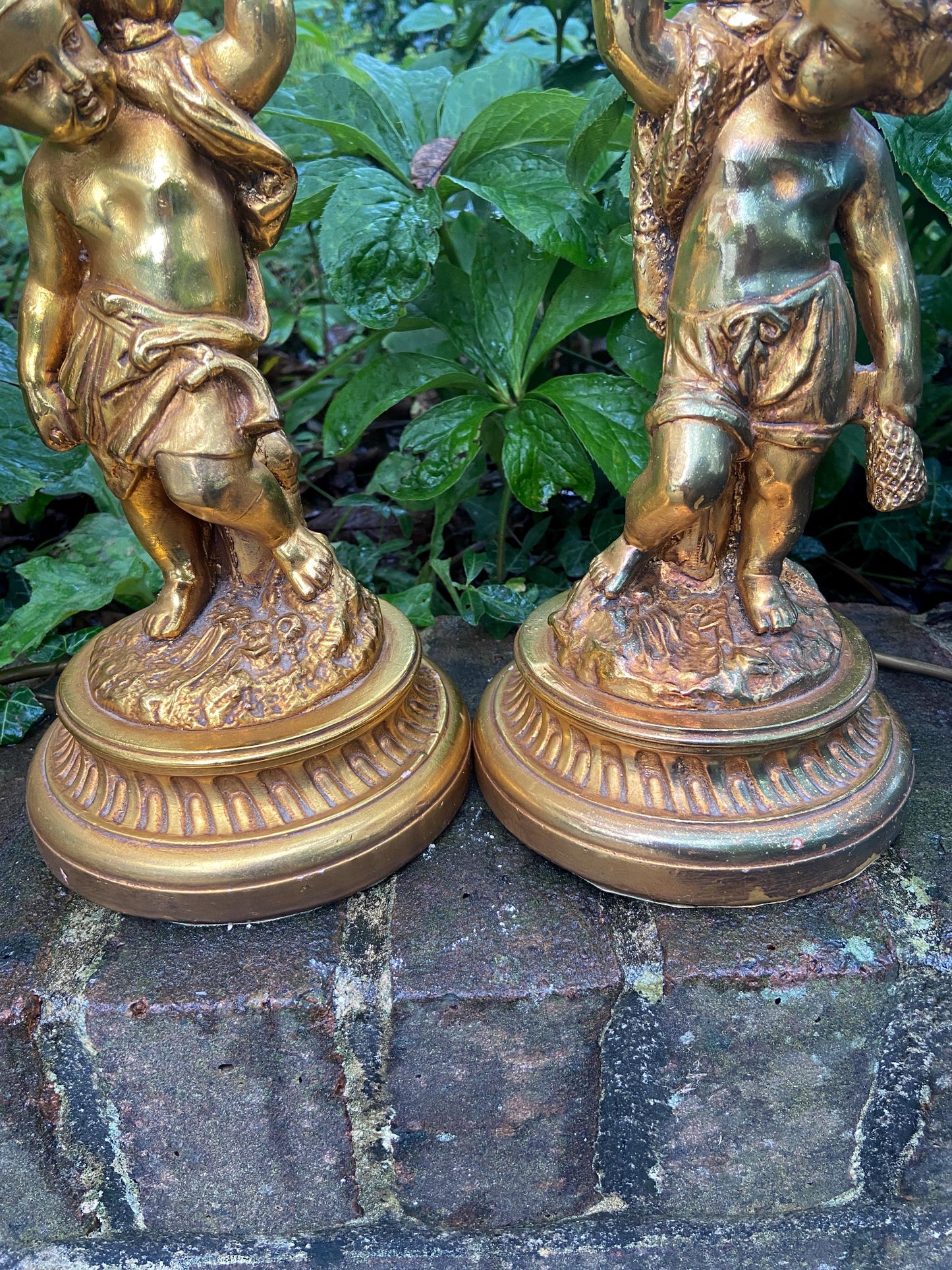 Original Vintage Pair 1970s plaster gold cherubs (different moulds) vintage table lamps - working table lamps