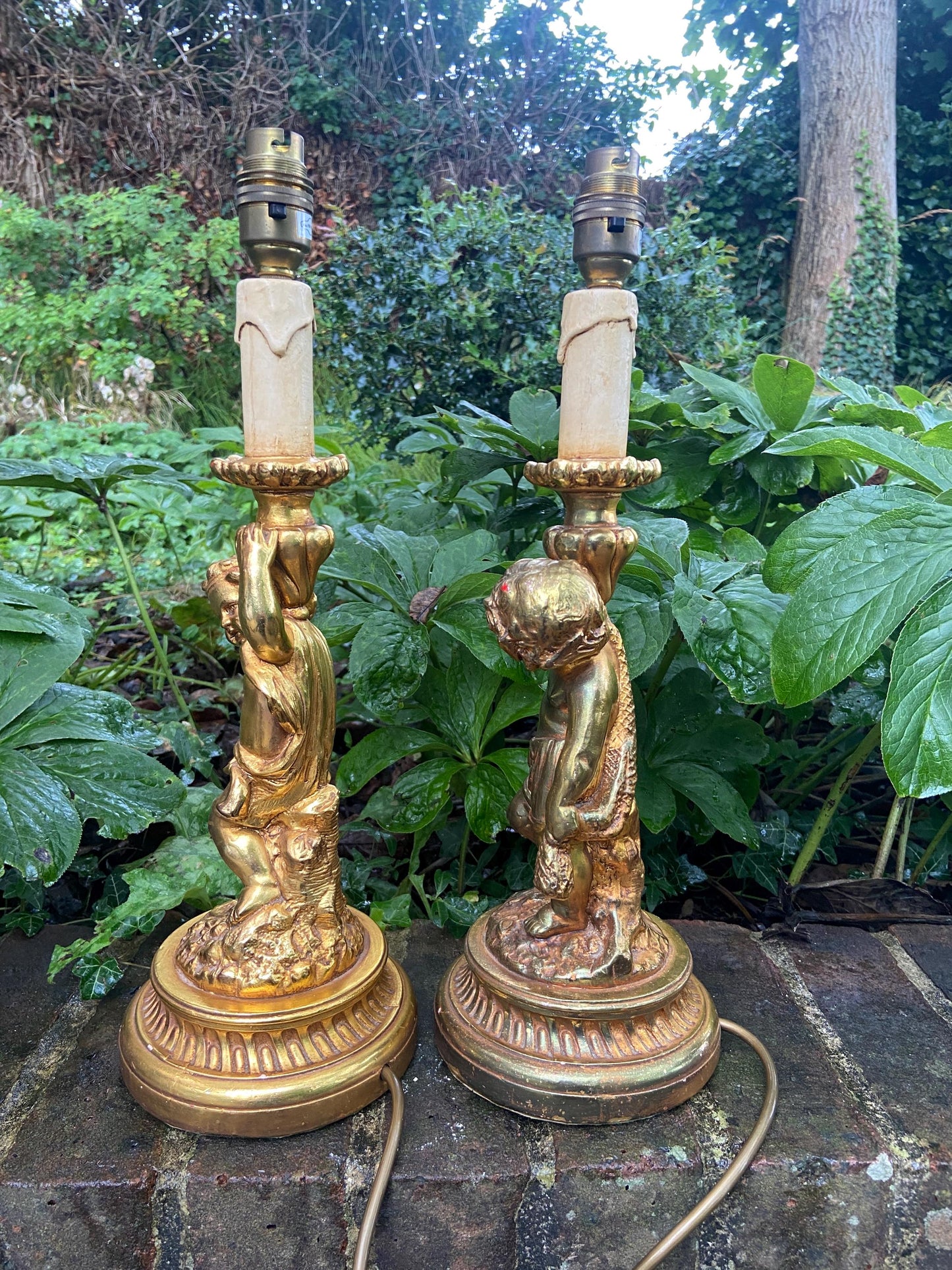 Original Vintage Pair 1970s plaster gold cherubs (different moulds) vintage table lamps - working table lamps