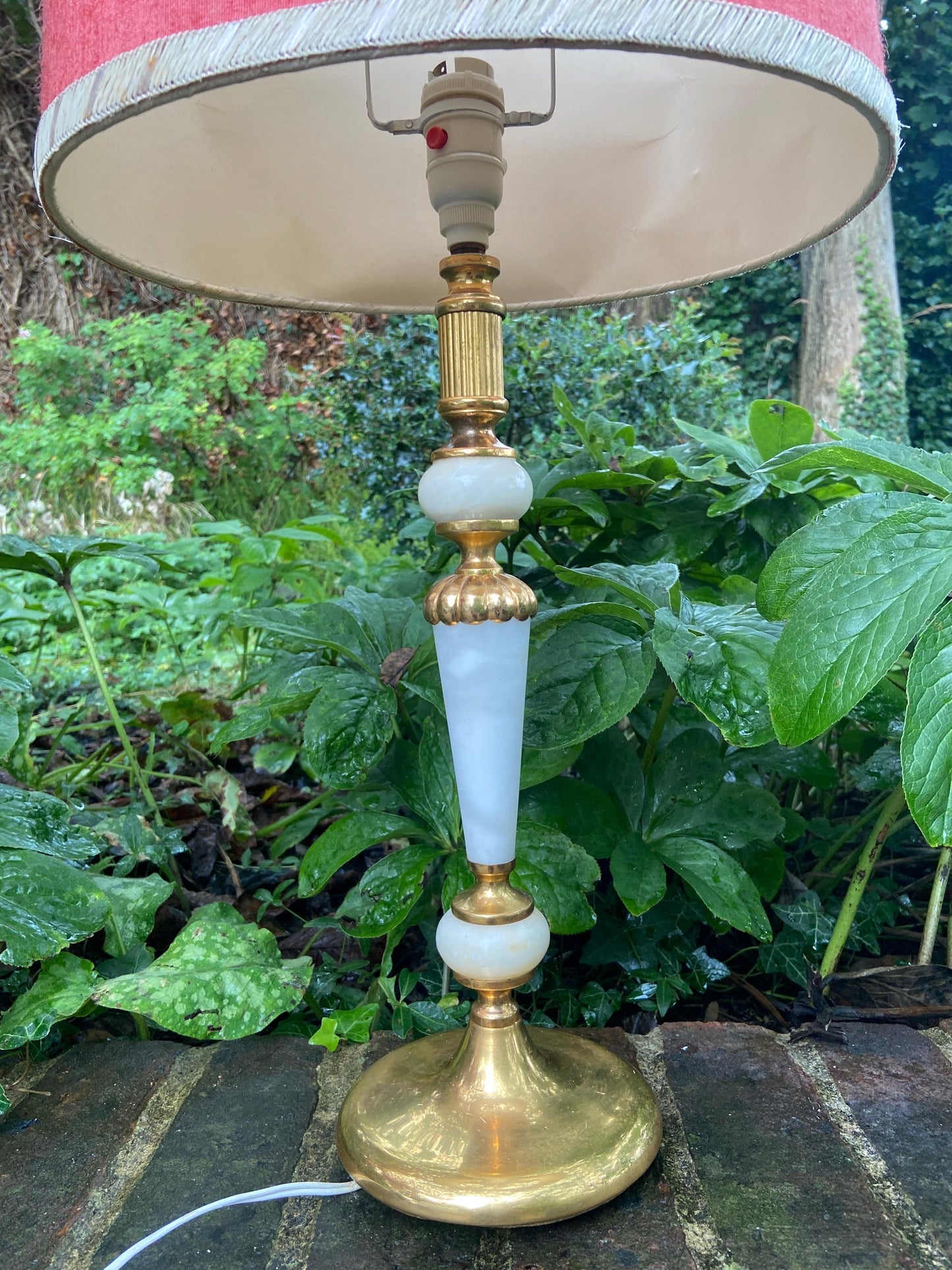 Retro tall white onyx lamp with brass detail and an original oval retro shade