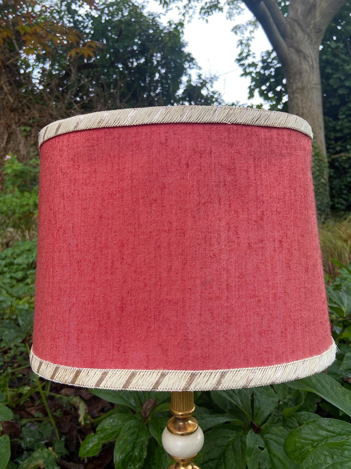 Retro tall white onyx lamp with brass detail and an original oval retro shade